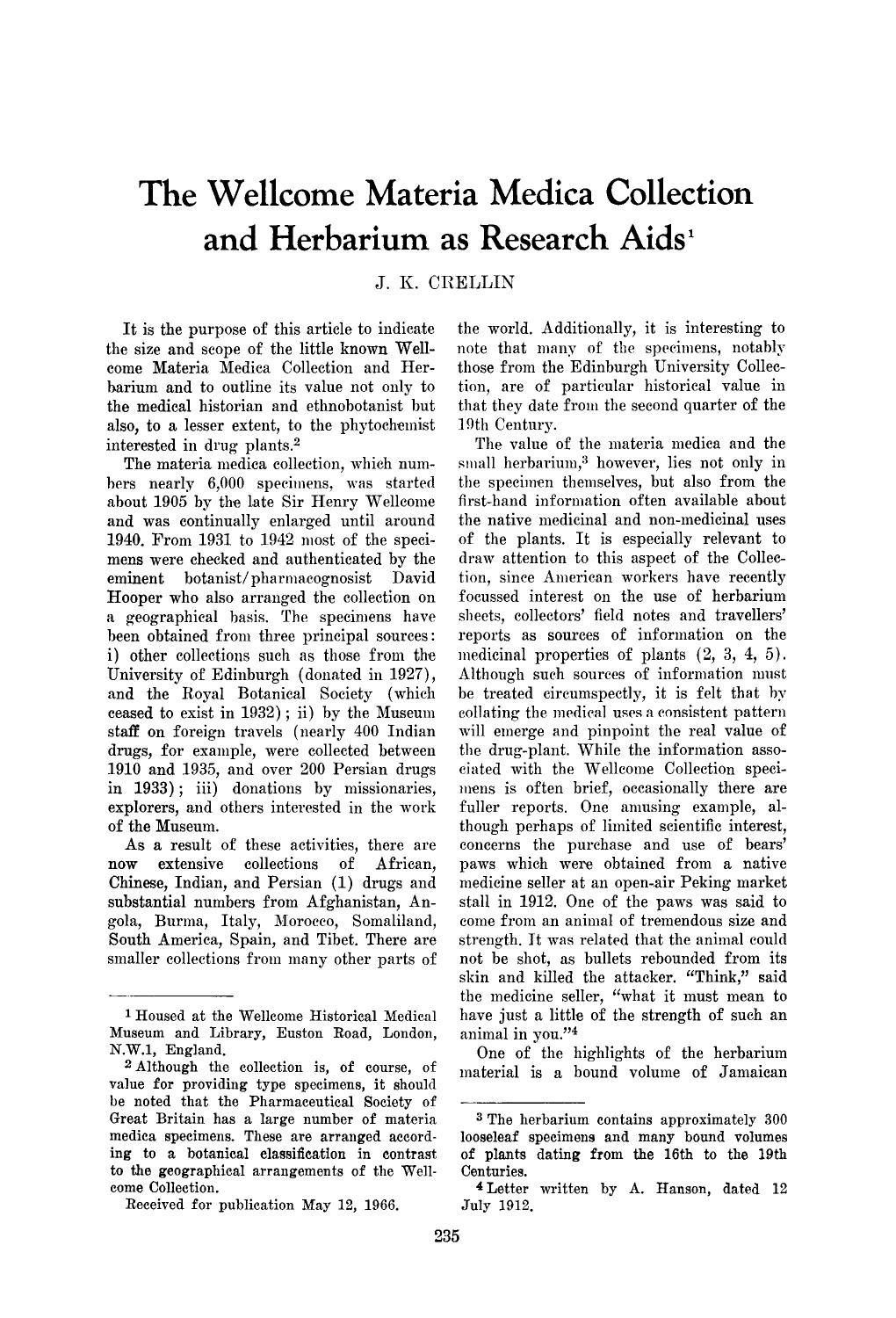 The wellcome materia medica collection and herbarium as research aids by Unknown