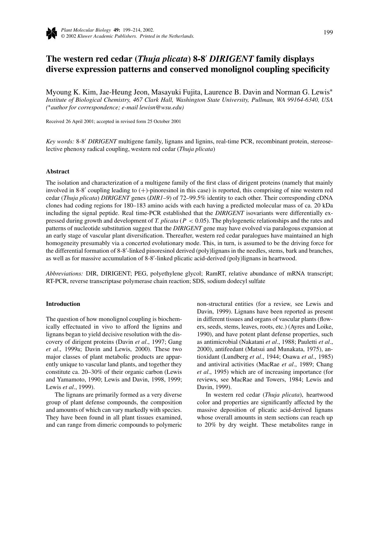 The western red cedar (<Emphasis Type="Italic">Thuja plicata<Emphasis>) 8-8′ <Emphasis Type="Italic">DIRIGENT<Emphasis> family displays diverse expression patterns and conse by Unknown