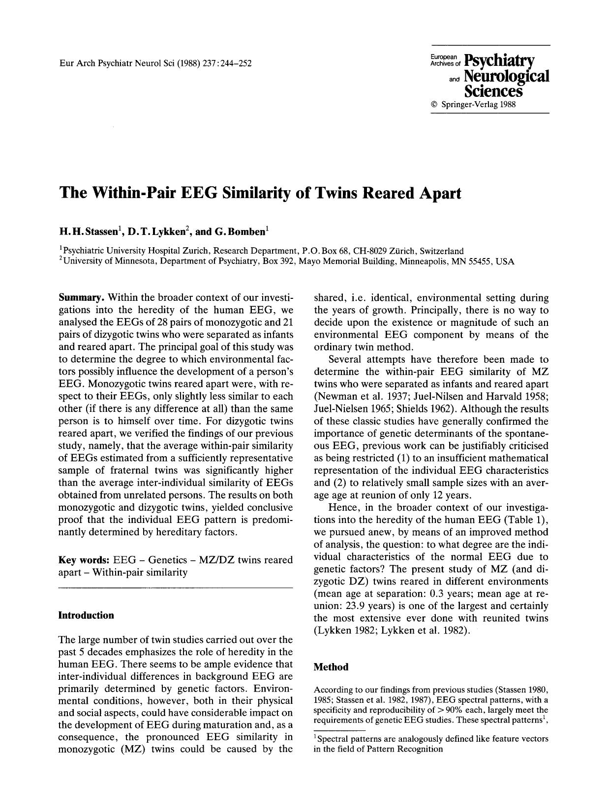 The within-pair EEG similarity of twins reared apart by Unknown