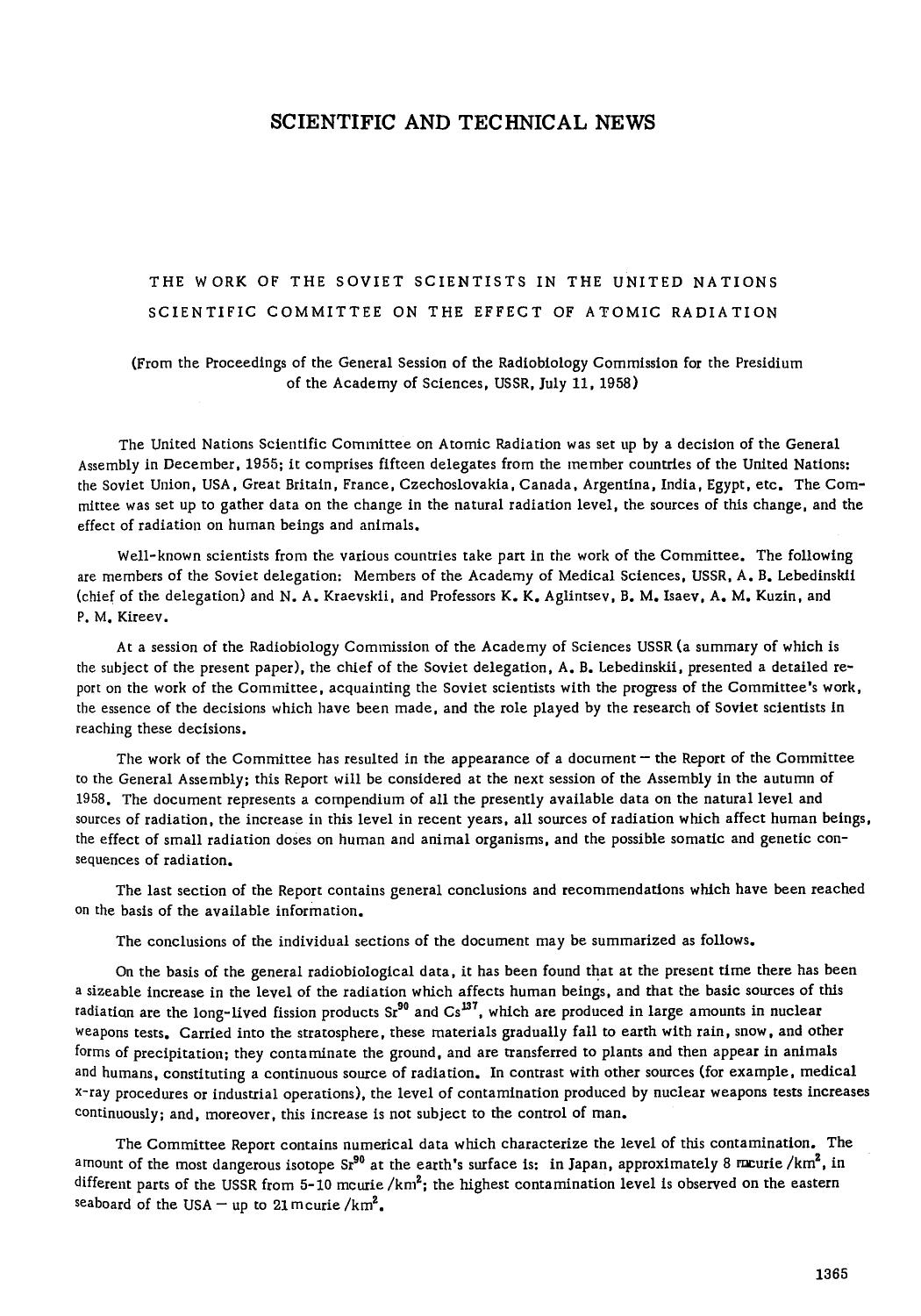 The work of the soviet scientists in the united nations scientific committee on the effect of atomic radiation by Unknown