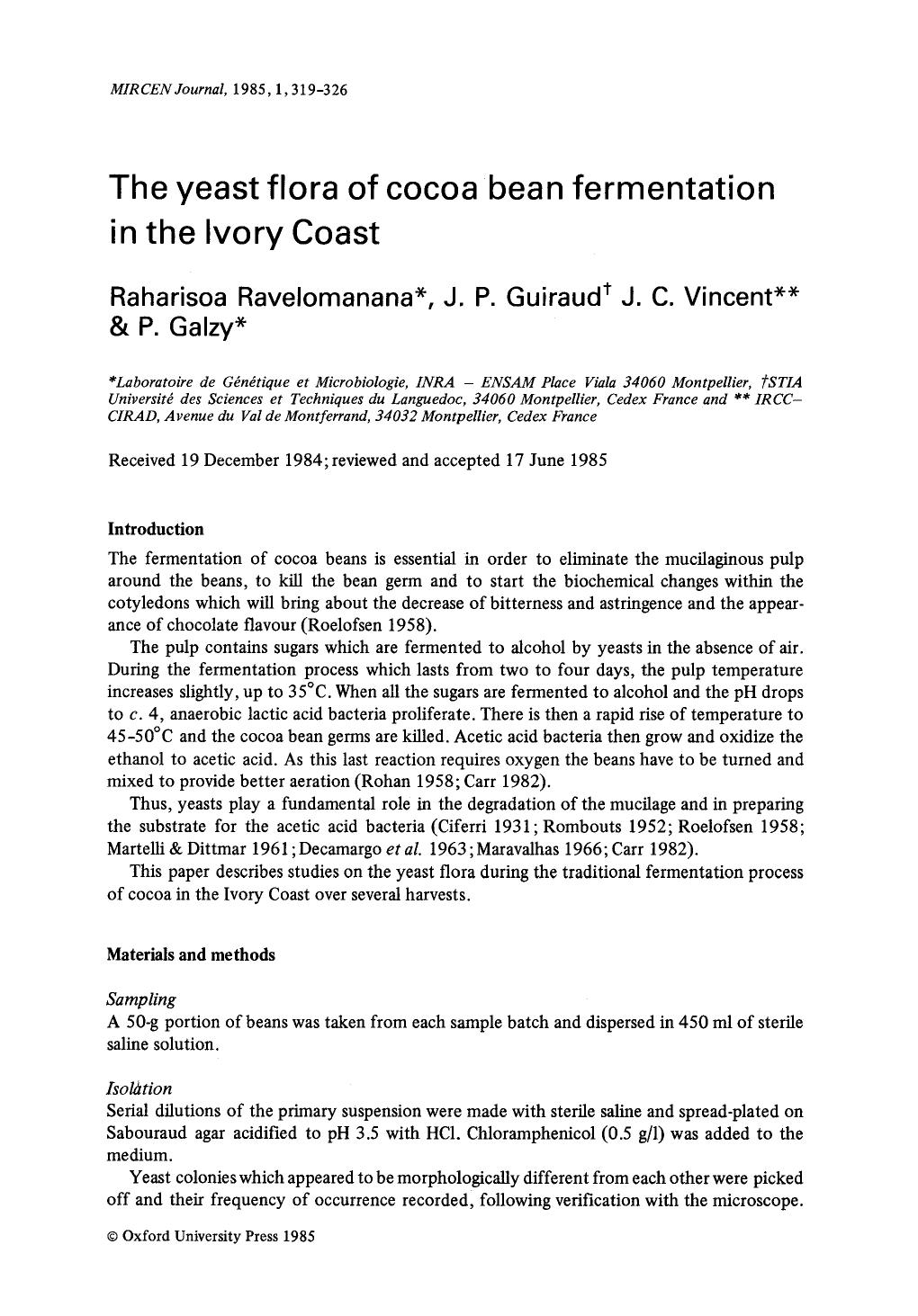 The yeast flora of cocoa bean fermentation in the Ivory Coast by Unknown