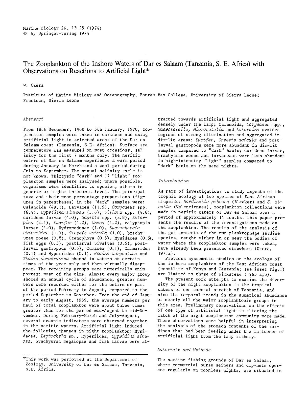 The zooplankton of the inshore waters of Dar es Salaam (Tanzania, S. E. Africa) with observations on reactions to artificial light by Unknown