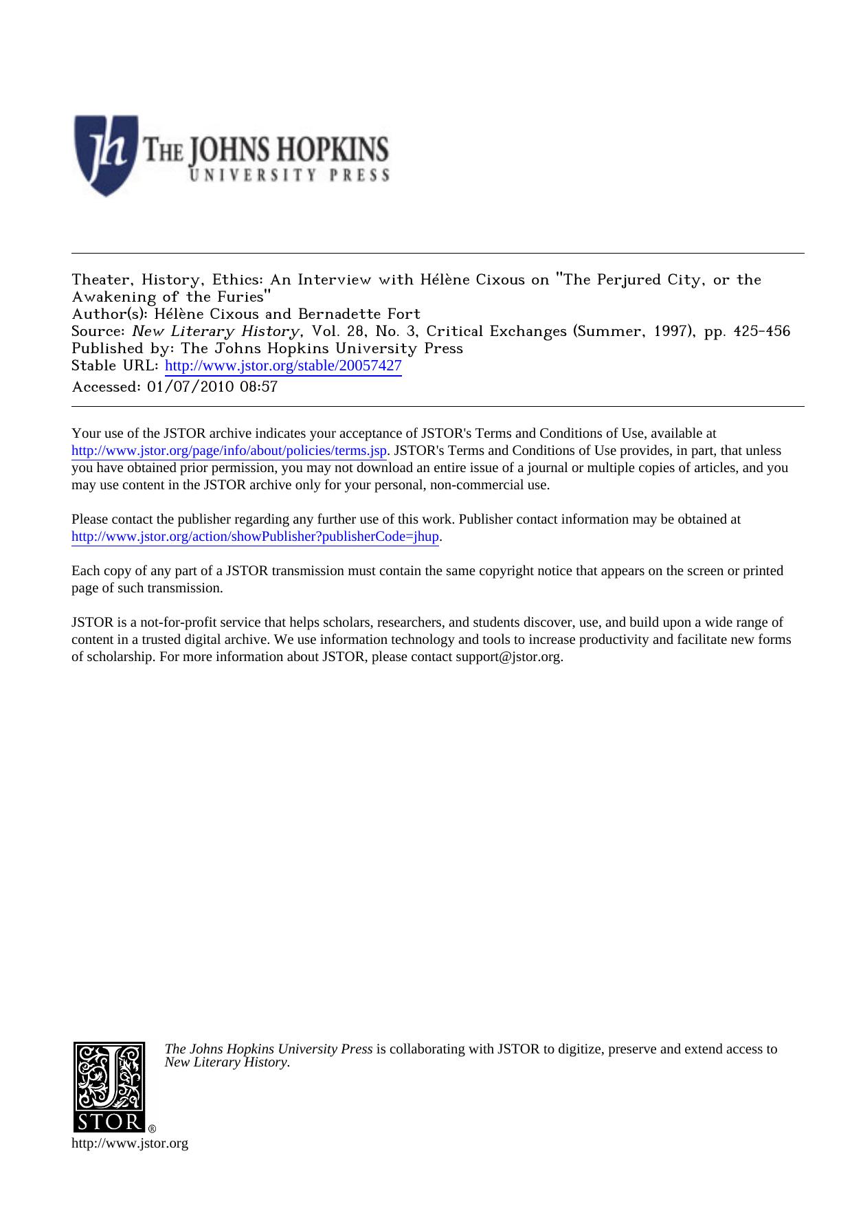 Theater, History, Ethics: An Interview with HÃ©lÃ¨ne Cixous on "The Perjured City, or the Awakening of the Furies by An Interview & Hélène Cixous on The Perjured City or the Awakening of the Furies