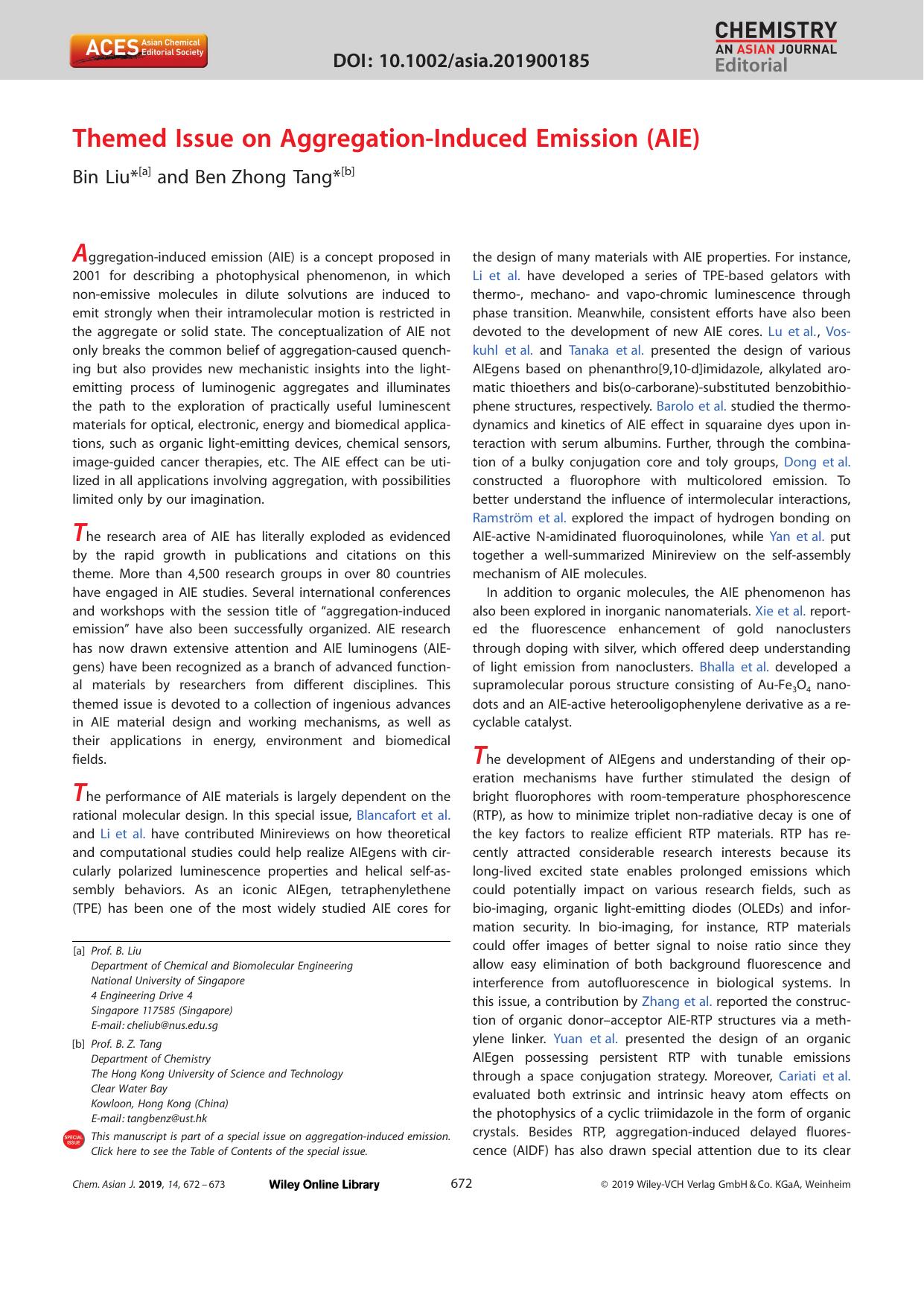 Themed Issue on AggregationâInduced Emission (AIE) by Unknown