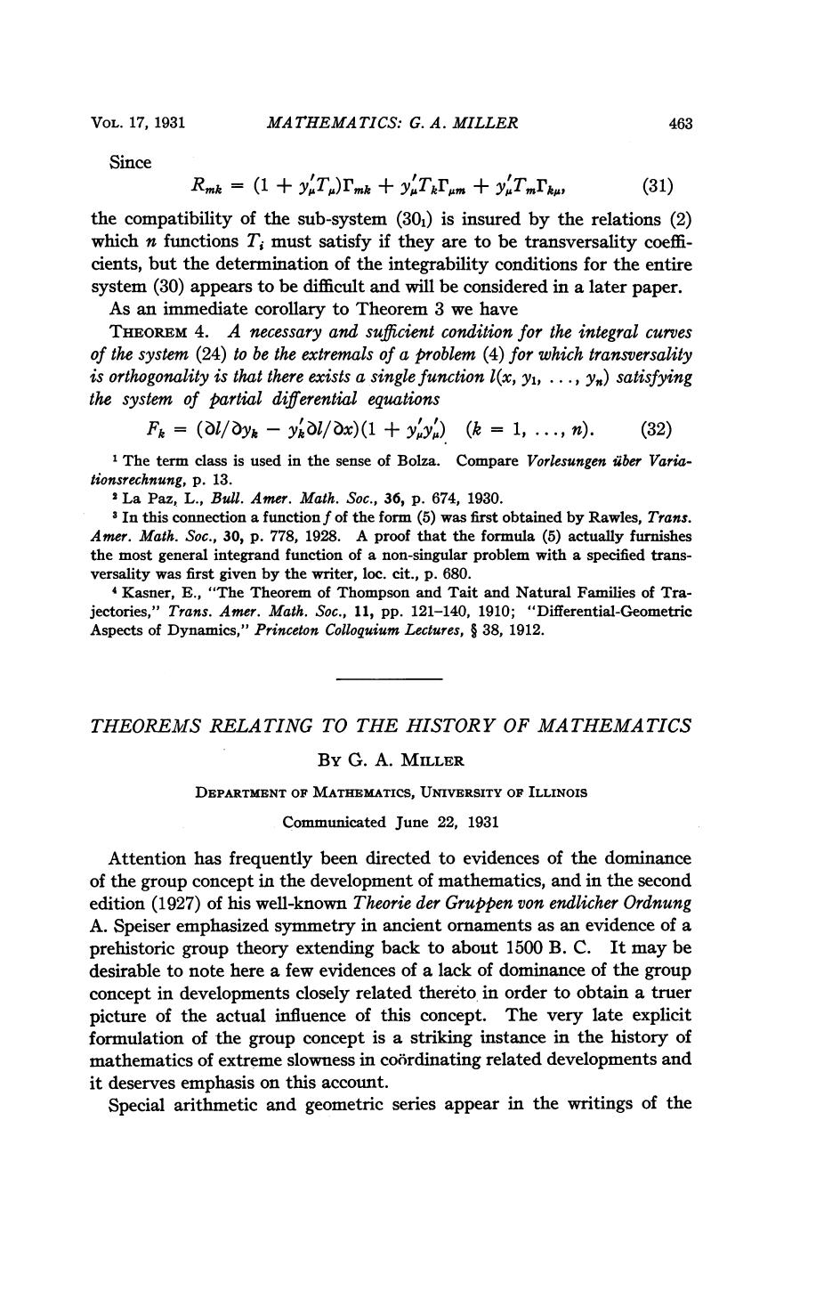 Theorems Relating to the History of Mathematics by Miller G. A