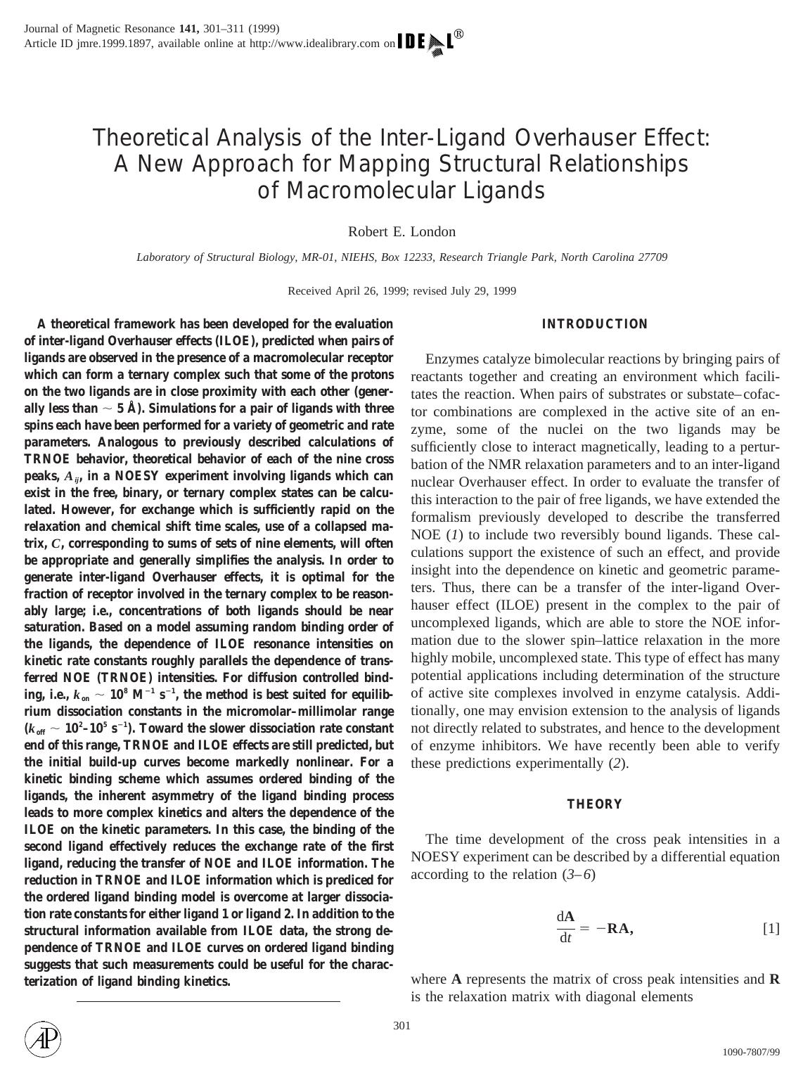 Theoretical Analysis of the Inter-Ligand Overhauser Effect: A New Approach for Mapping Structural Relationships of Macromolecular Ligands by London R. E