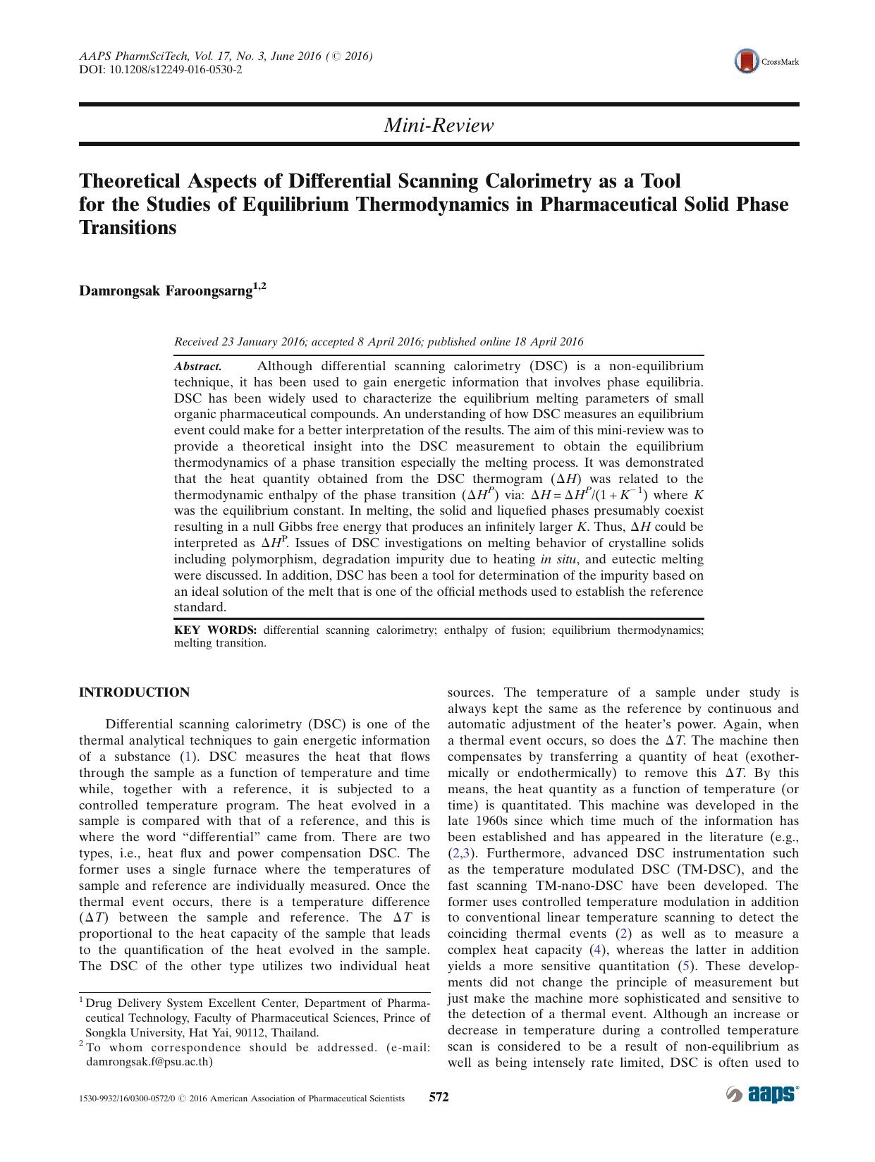 Theoretical Aspects of Differential Scanning Calorimetry as a Tool for the Studies of Equilibrium Thermodynamics in Pharmaceutical Solid Phase Transitions by Damrongsak Faroongsarng