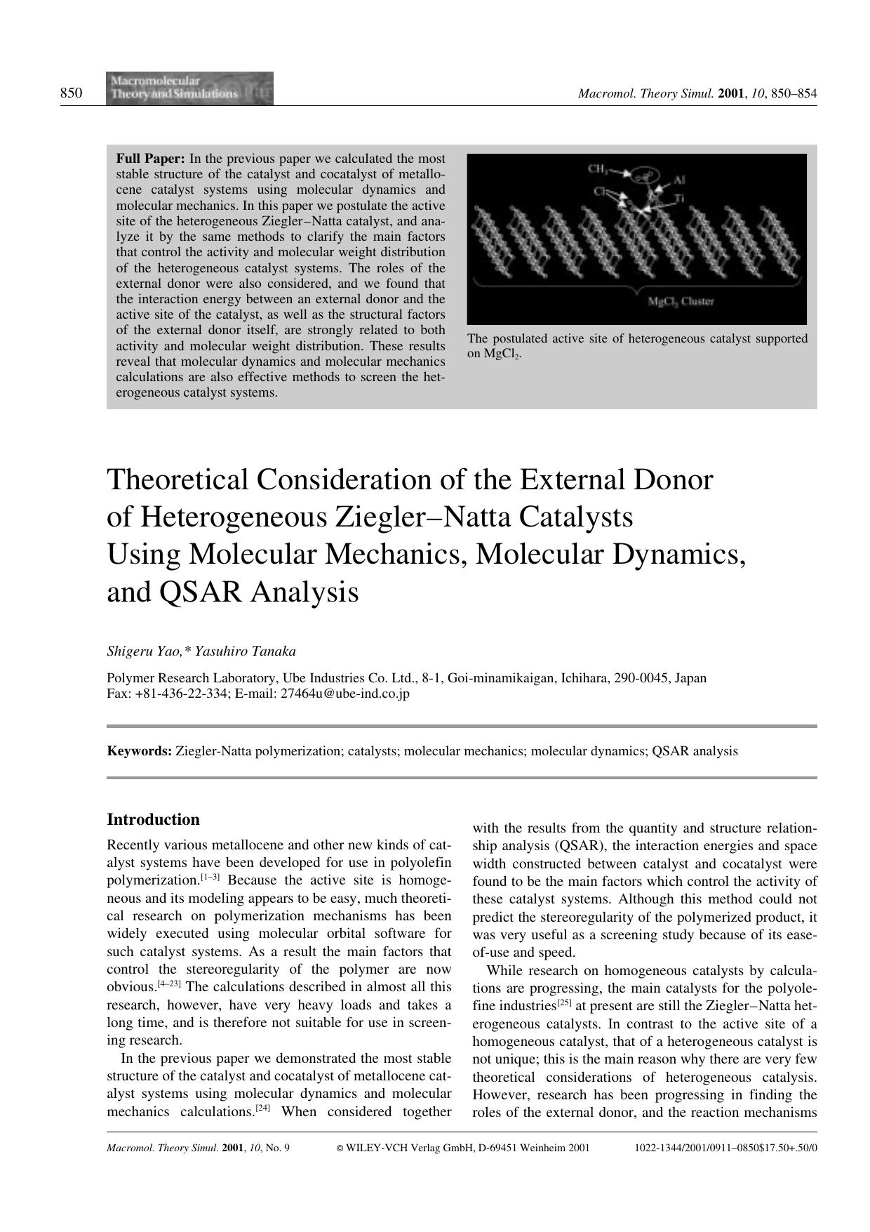 Theoretical Consideration of the External Donor of Heterogeneous Ziegler-Natta Catalysts Using Molecular Mechanics, Molecular Dynamics, and QSAR Analysis by Unknown