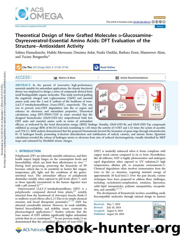 Theoretical Design of New Grafted Molecules d-Glucosamine-Oxyresveratrol-Essential Amino Acids: DFT Evaluation of the StructureâAntioxidant Activity by unknow
