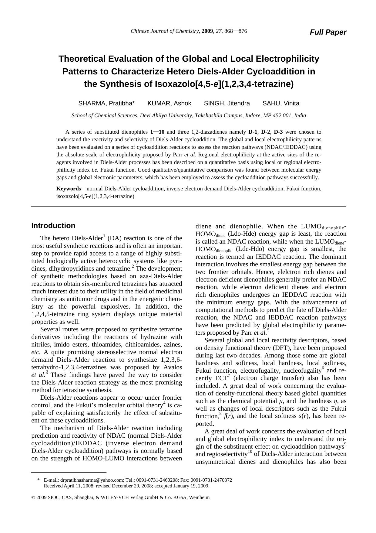 Theoretical Evaluation of the Global and Local Electrophilicity Patterns to Characterize Hetero Diels-Alder Cycloaddition in the Synthesis of Isoxazolo[4,5-e](1,2,3,4-tetrazine) by uy