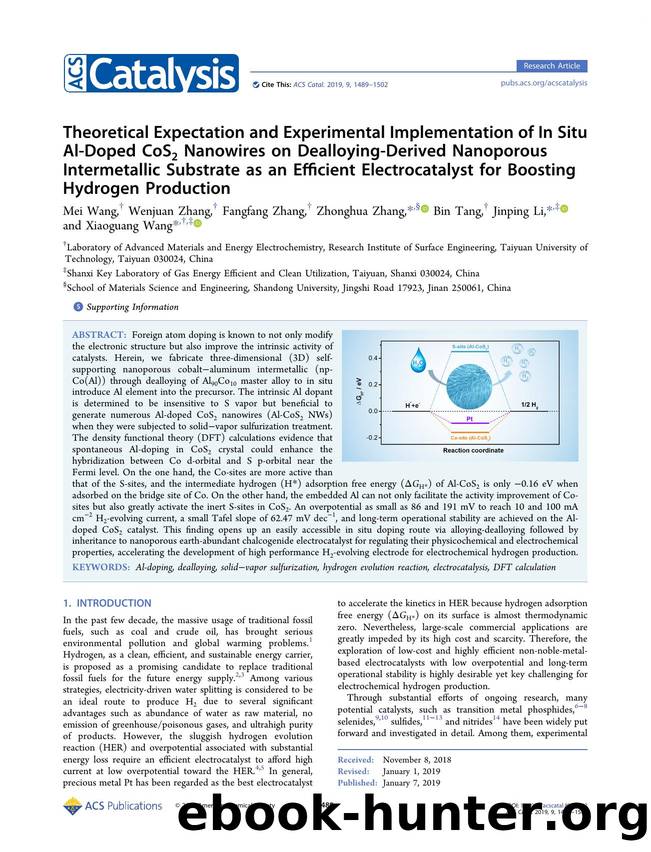 Theoretical Expectation and Experimental Implementation of In Situ Al-Doped CoS2 Nanowires on Dealloying-Derived Nanoporous Intermetallic Substrate as an Efficient Electrocatalyst  by Mei Wang Wenjuan Zhang Fangfang Zhang Zhonghua Zhang Bin Tang Jinping Li and Xiaoguang Wang