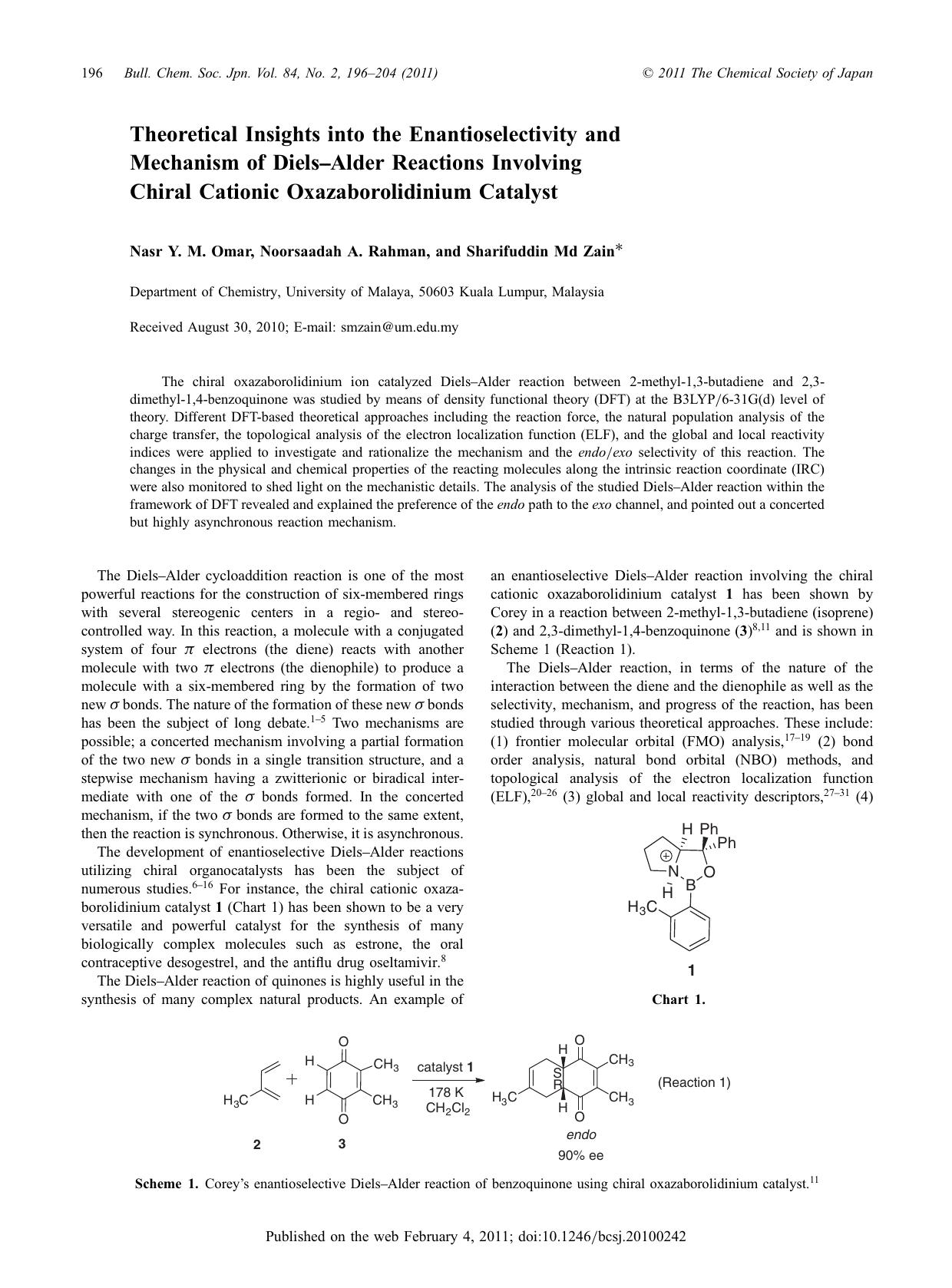 Theoretical Insights into the Enantioselectivity and Mechanism of DielsâAlder Reactions Involving Chiral Cationic Oxazaborolidinium Catalyst by （社）日本化学会　The Chemical Society of Japan