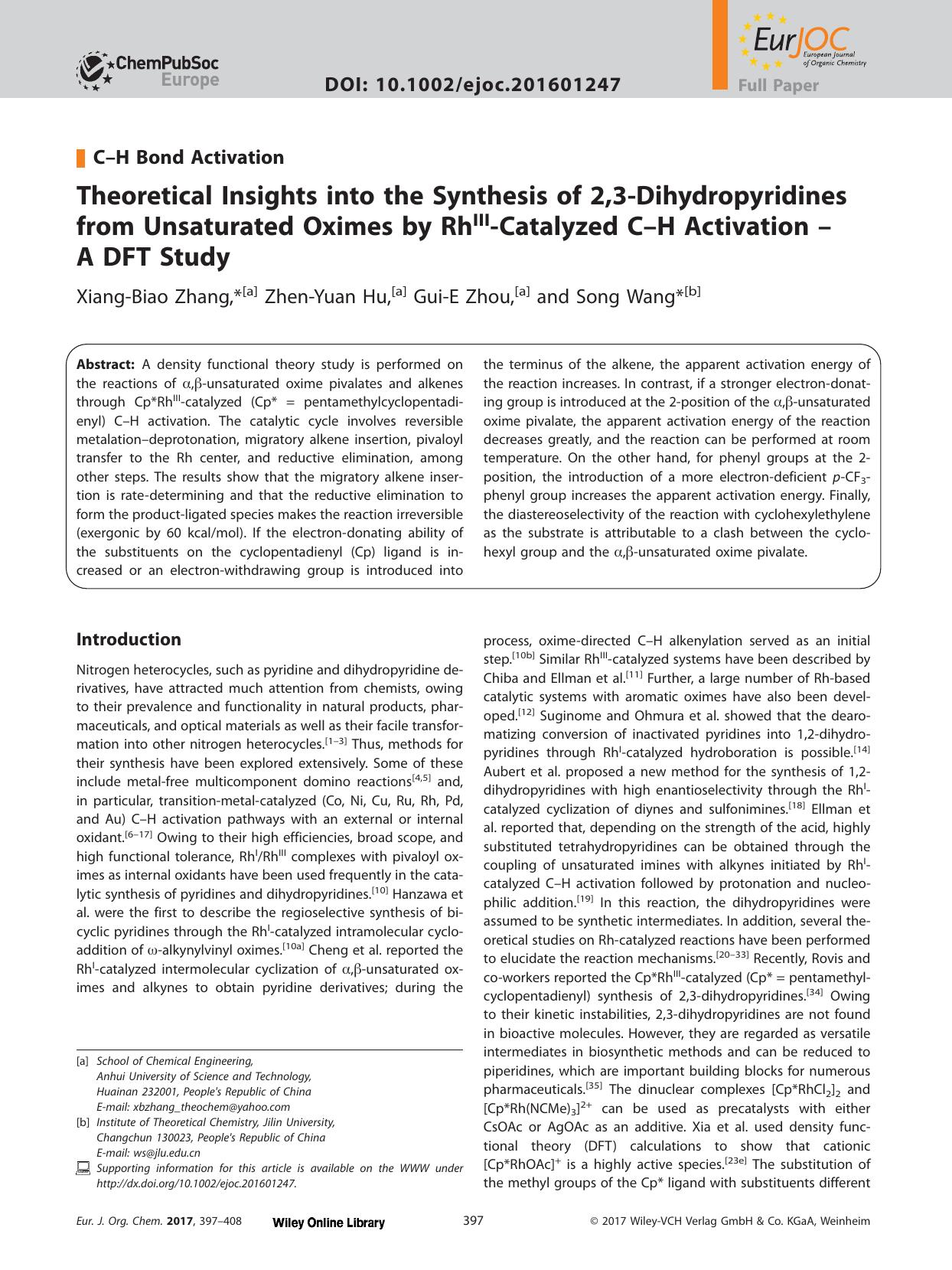 Theoretical Insights into the Synthesis of 2,3‐Dihydropyridines from Unsaturated Oximes by Rh<sup>III<sup>‐Catalyzed C–H Activation – A DFT Study by Unknown