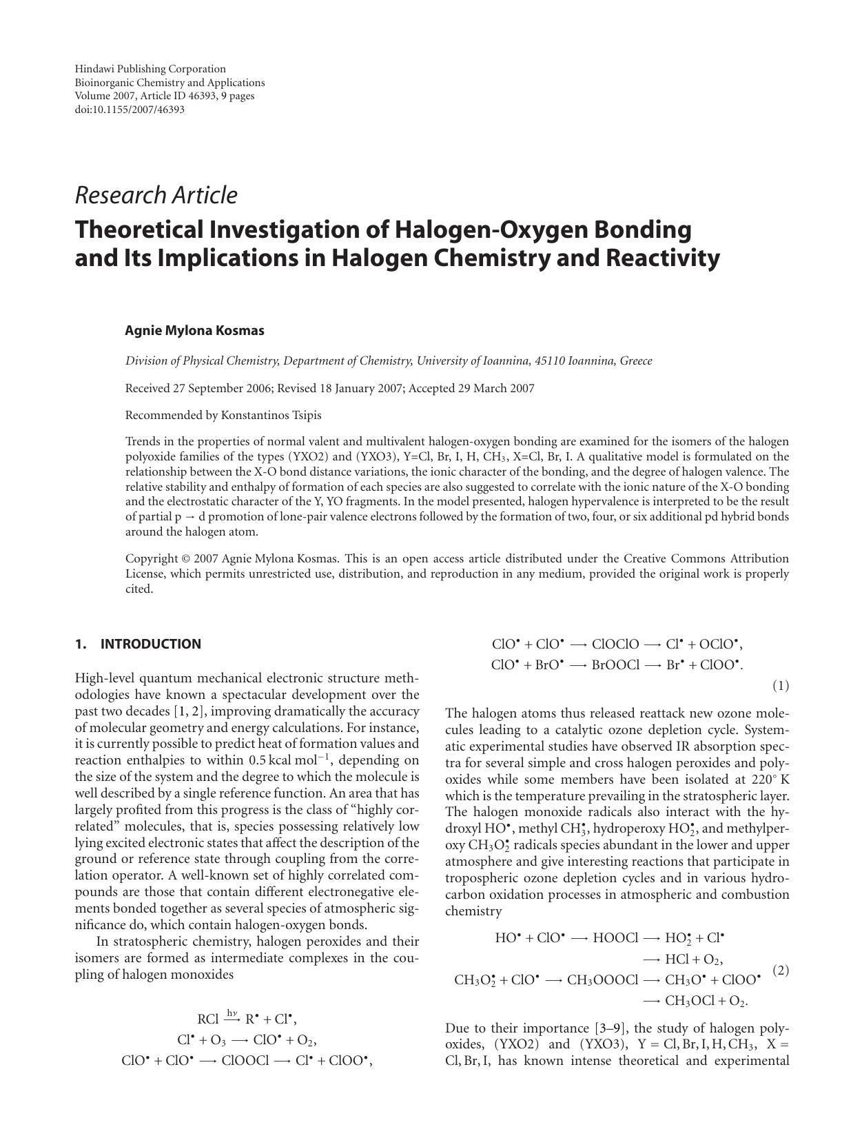 Theoretical Investigation of Halogen-Oxygen Bonding and Its Implications in Halogen Chemistry and Reactivity by Agnie Mylona Kosmas