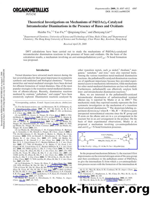 Theoretical Investigations on Mechanisms of Pd(OAc)2-Catalyzed Intramolecular Diaminations in the Presence of Bases and Oxidants by Haizhu Yu†‡ Yao Fu*† Qingxiang Guo† & Zhenyang Lin*‡