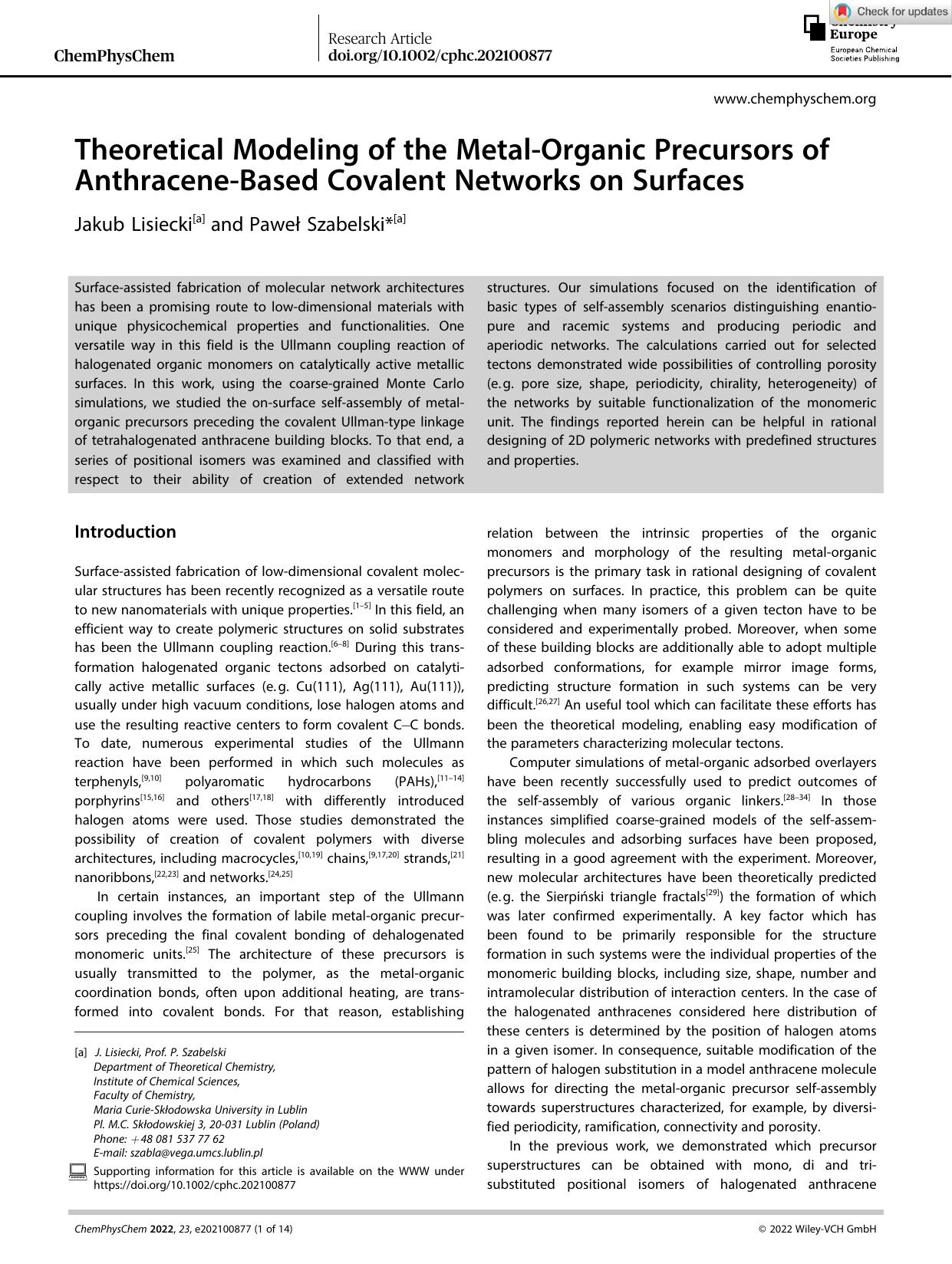 Theoretical Modeling of the MetalâOrganic Precursors of AnthraceneâBased Covalent Networks on Surfaces by Unknown