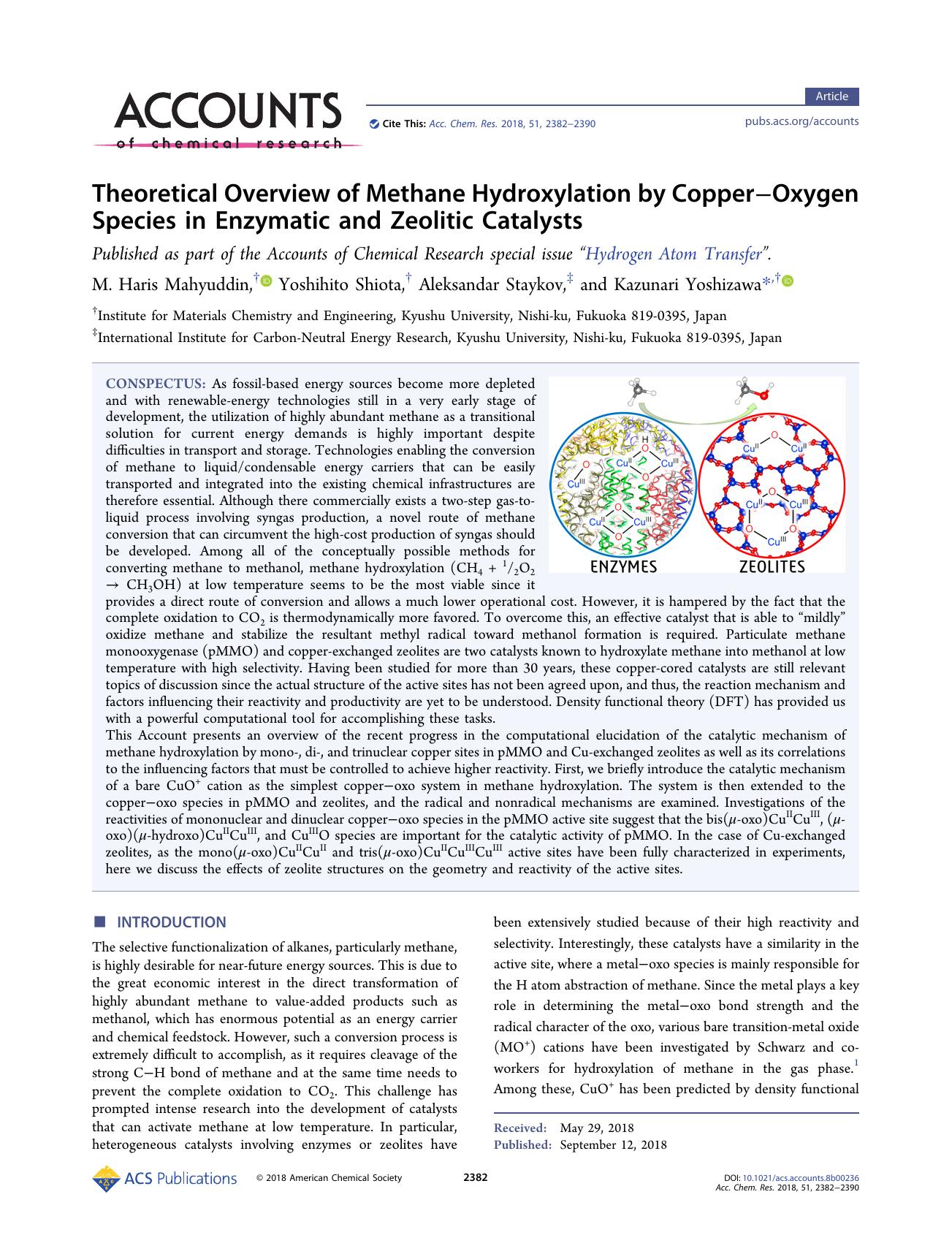 Theoretical Overview of Methane Hydroxylation by CopperâOxygen Species in Enzymatic and Zeolitic Catalysts by unknow