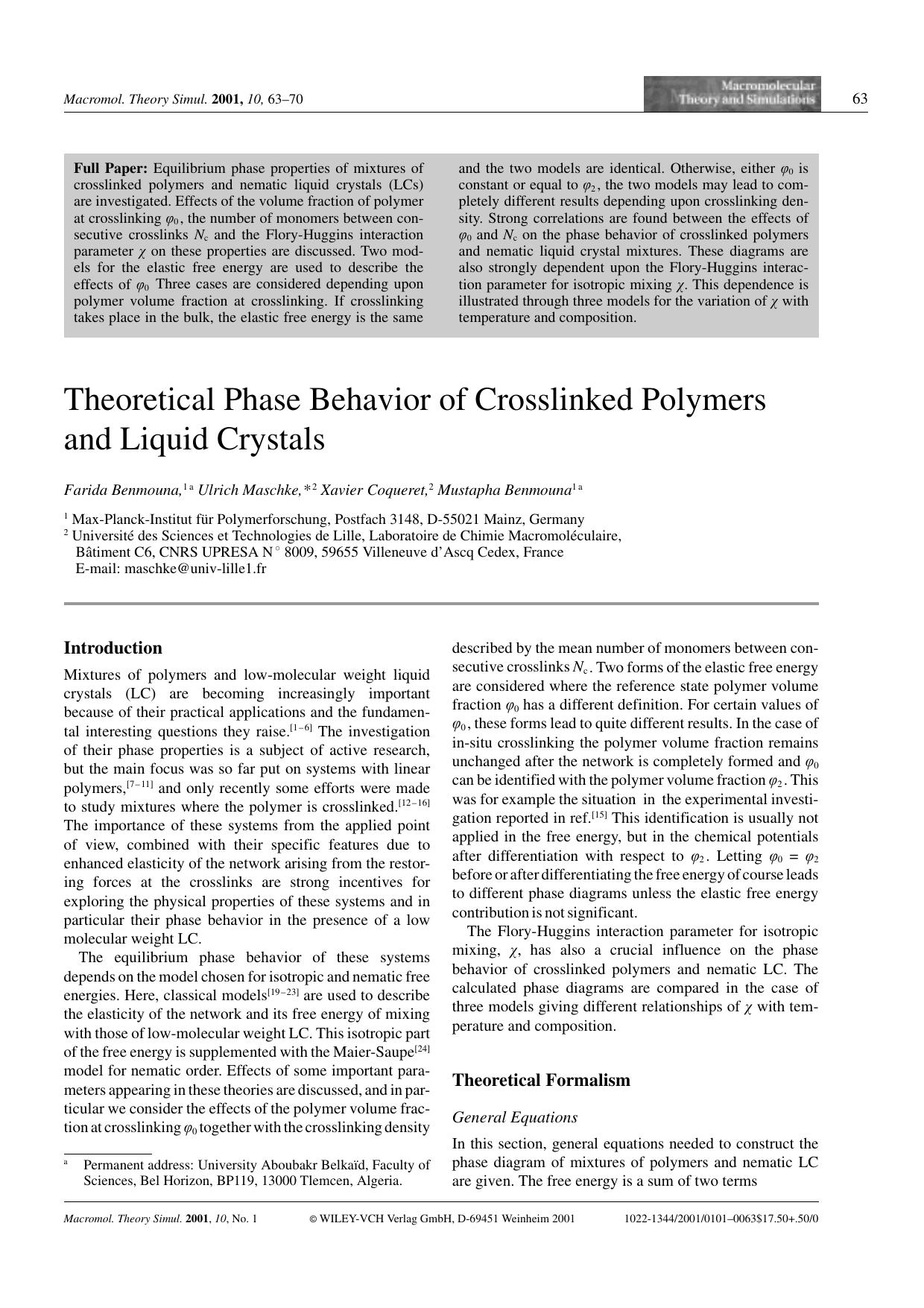 Theoretical Phase Behavior of Crosslinked Polymers and Liquid Crystals by Unknown