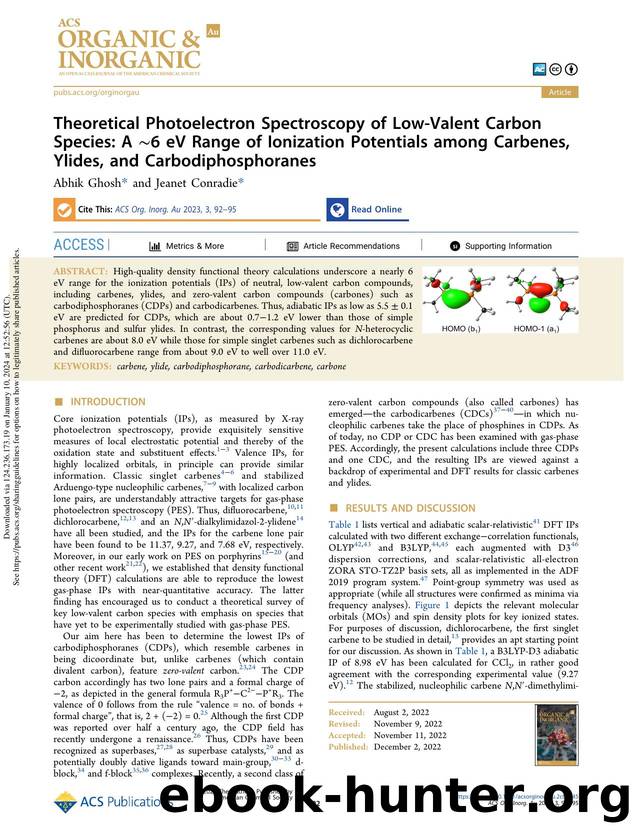 Theoretical Photoelectron Spectroscopy of Low-Valent Carbon Species: A â¼6 eV Range of Ionization Potentials among Carbenes, Ylides, and Carbodiphosphoranes by Abhik Ghosh & Jeanet Conradie