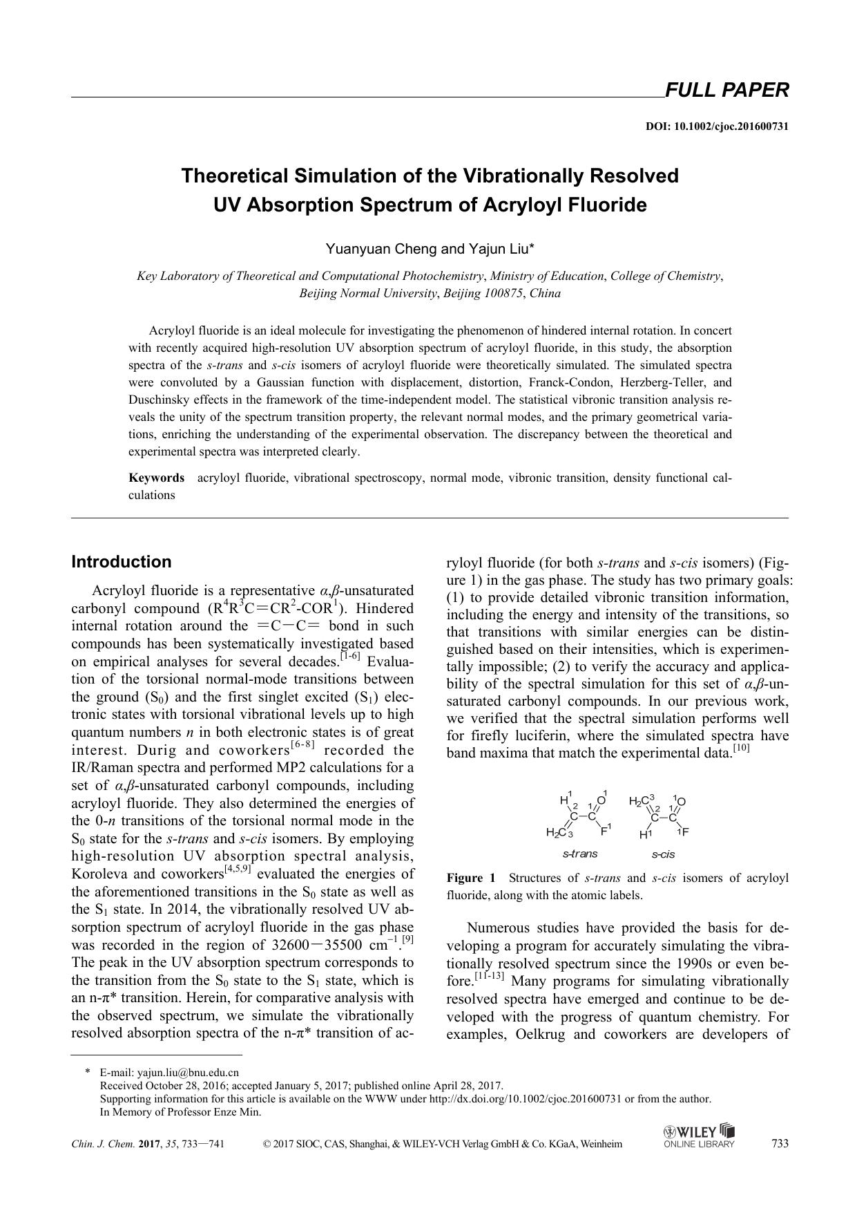 Theoretical Simulation of the Vibrationally Resolved UV Absorption Spectrum of Acryloyl Fluoride: by Administrator