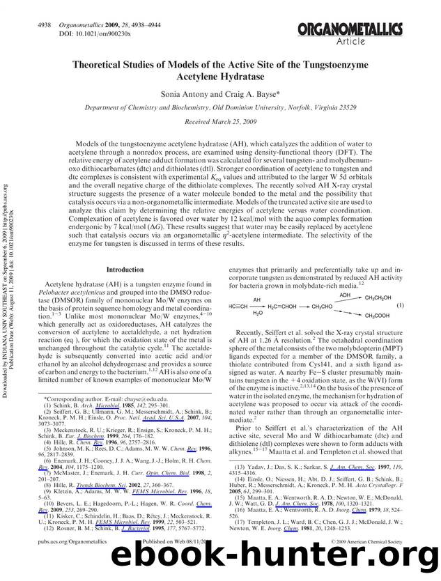 Theoretical Studies of Models of the Active Site of the Tungstoenzyme Acetylene Hydratase by Sonia Antony & Craig A. Bayse*