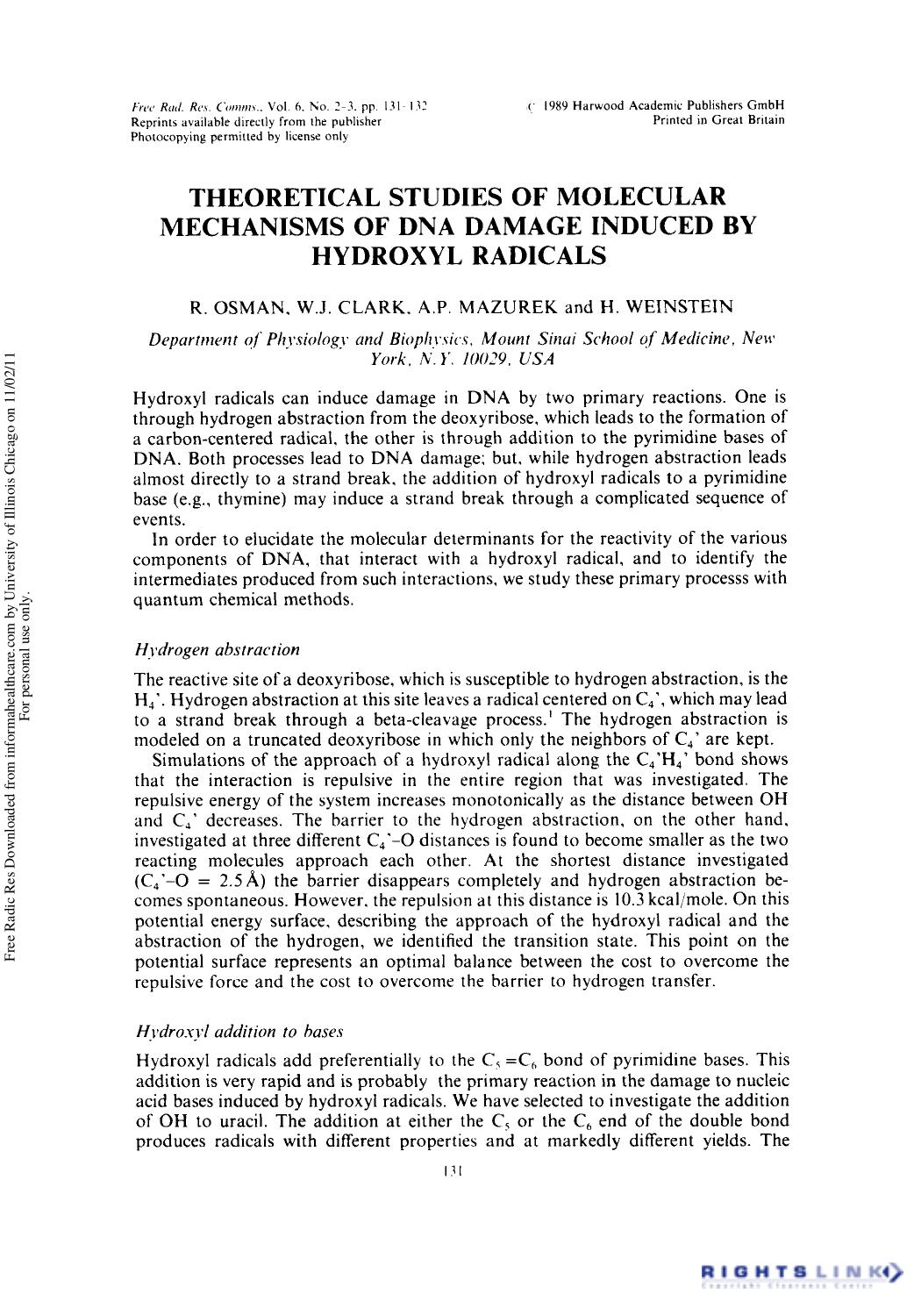 Theoretical Studies of Molecular Mechanisms of DNA Damage Induced by Hydroxyl Radicals by R. Osman1 W. J. Clark1 A. P. Mazurek1 & H. Weinstein1