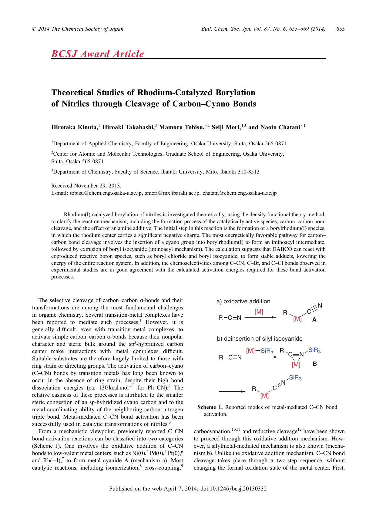 Theoretical Studies of Rhodium-Catalyzed Borylation of Nitriles through Cleavage of CarbonâCyano Bonds by Hirotaka Kinuta Hiroaki Takahashi Mamoru Tobisu Seiji Mori Naoto Chatani