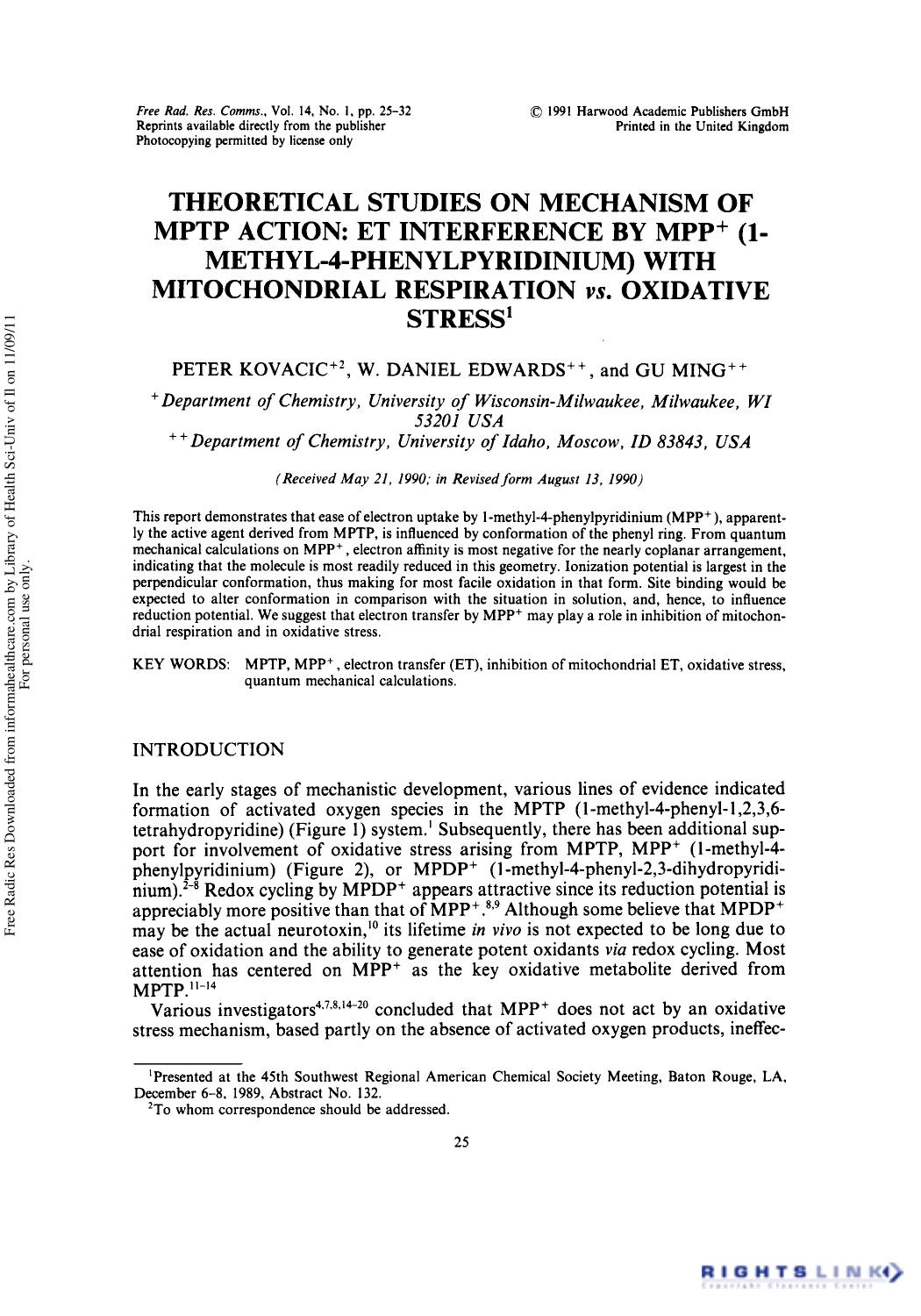 Theoretical Studies on Mechanism of Mptp Action: Et Interference by Mpp+ (1-Methyl-4-Phenylpyridinium) With Mitochondrial Respiration vs. Oxidative Stress by Peter Kovacic1 W. Daniel Edwards1 & Gu Ming2