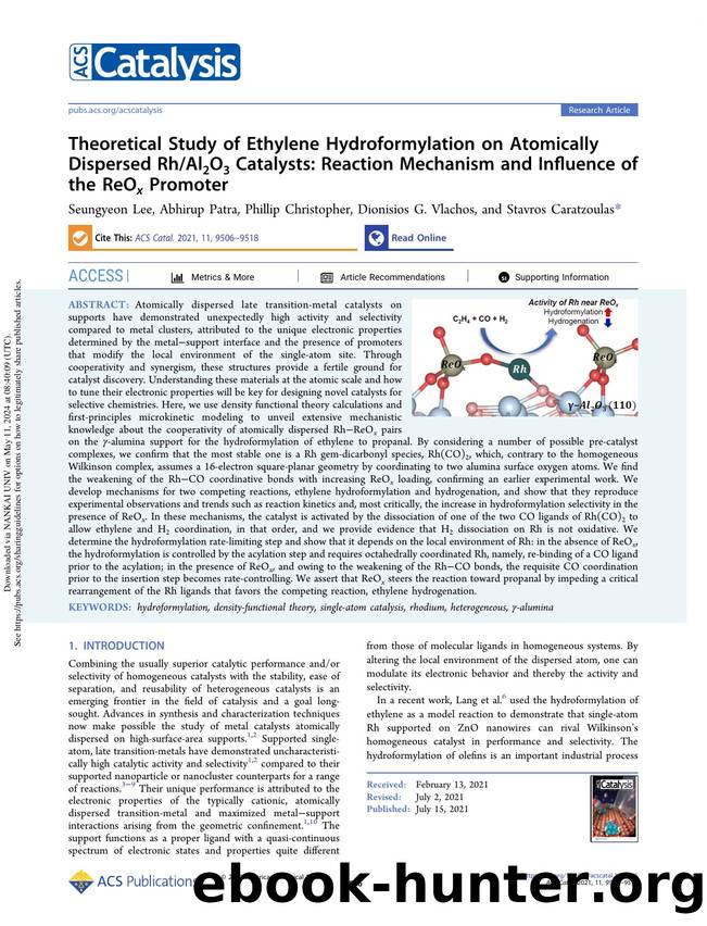 Theoretical Study of Ethylene Hydroformylation on Atomically Dispersed RhAl2O3 Catalysts: Reaction Mechanism and Influence of the ReOx Promoter by Seungyeon Lee Abhirup Patra Phillip Christopher Dionisios G. Vlachos & Stavros Caratzoulas