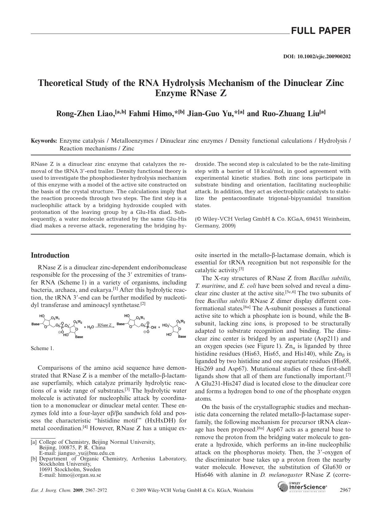 Theoretical Study of the RNA Hydrolysis Mechanism of the Dinuclear Zinc Enzyme RNase Z by Unknown