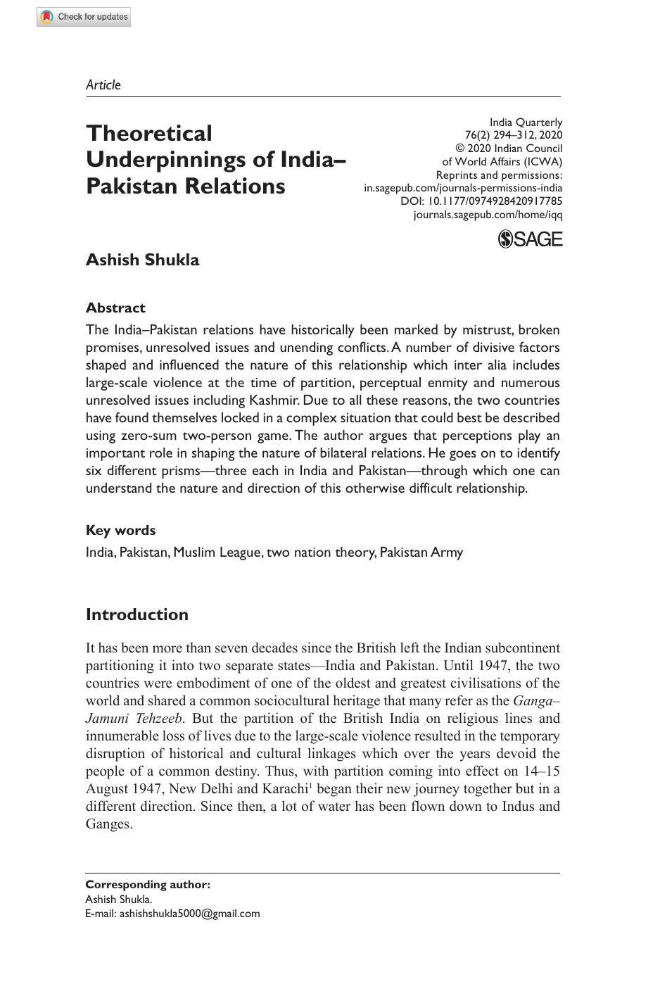 Theoretical Underpinnings of India-Pakistan Relations by Ashish Shukla
