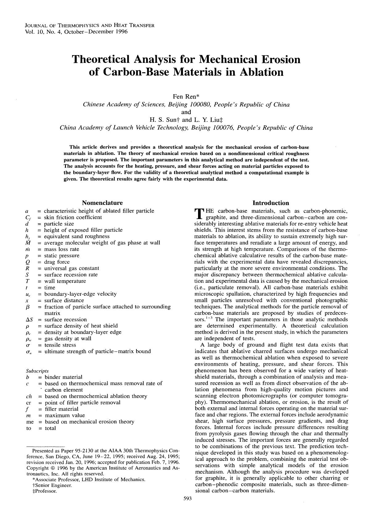 Theoretical analysis for mechanical erosion of carbon-base materials in ablation by Unknown