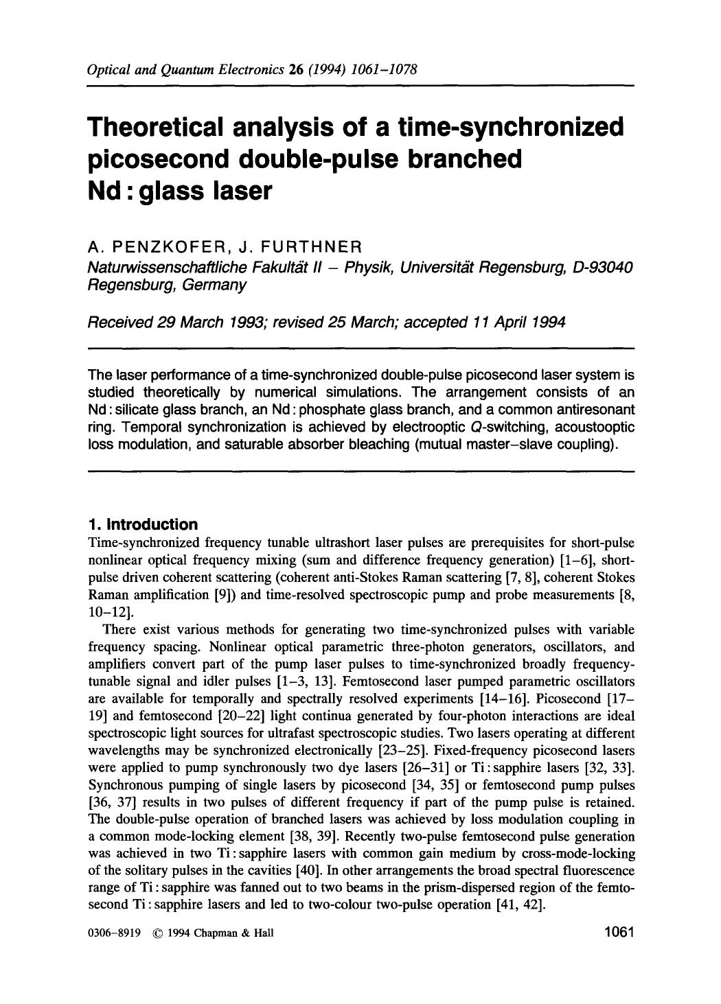 Theoretical analysis of a time-synchronized picosecond double-pulse branched Nd: glass laser by Unknown