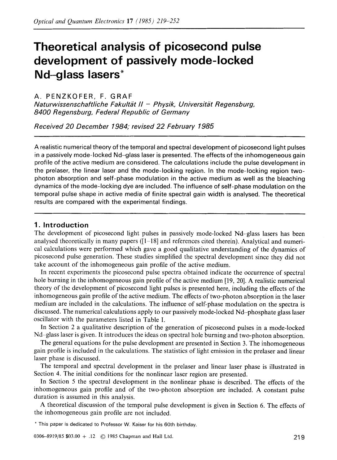 Theoretical analysis of picosecond pulse development of passively mode-locked Nd-glass lasers by Unknown