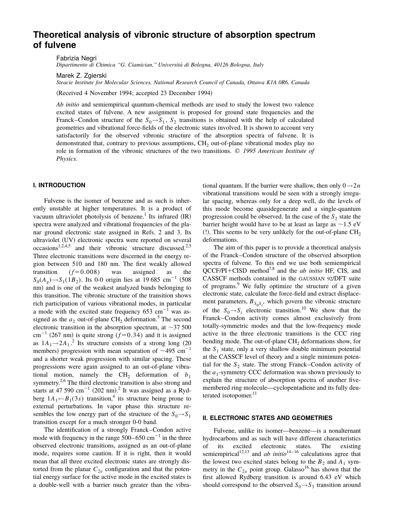 Theoretical analysis of vibronic structure of by Fabrizia Negri and Marek Z. Zgierski