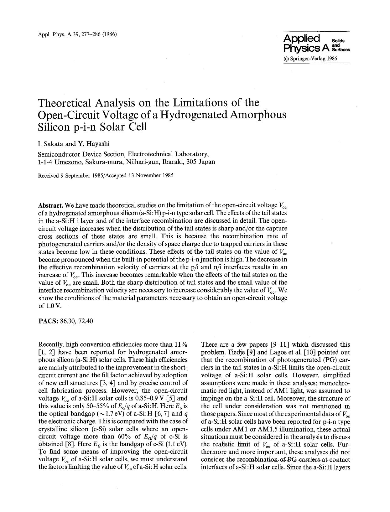 Theoretical analysis on the limitations of the open-circuit voltage of a hydrogenated amorphous silicon p-i-n solar cell by Unknown