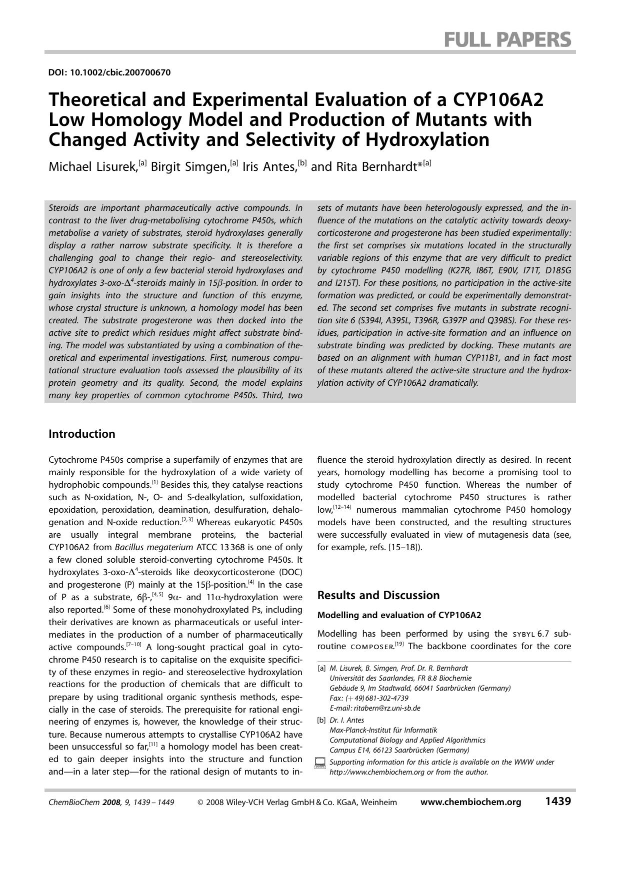 Theoretical and Experimental Evaluation of a CYP106A2 Low Homology Model and Production of Mutants with Changed Activity and Selectivity of Hydroxylation by Unknown