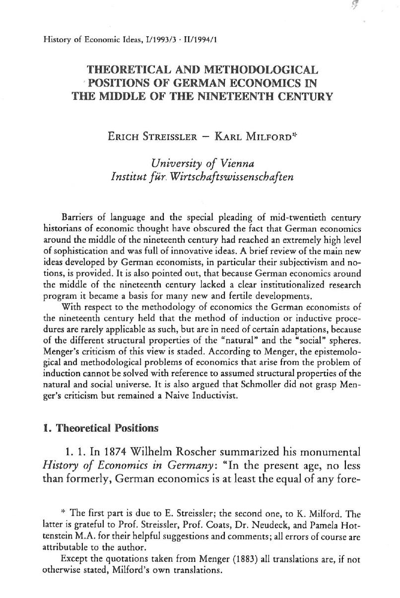 Theoretical and Methodological Positions of German Economics in the Middle of the Ninteenth Century (-article from History of Economic Ideas-) by Erich Streissler and Karl Milford