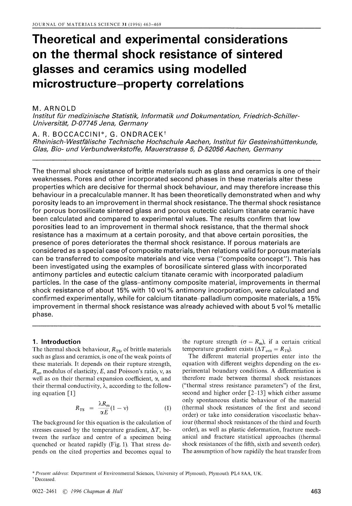 Theoretical and experimental considerations on the thermal shock resistance of sintered glasses and ceramics using modelled microstructure-property correlations by Unknown