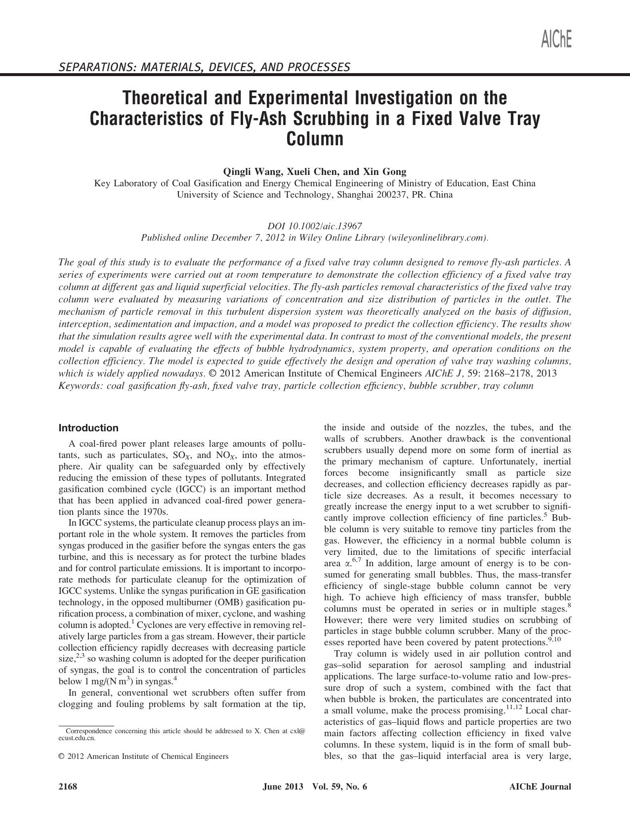 Theoretical and experimental investigation on the characteristics of flyash scrubbing in a fixed valve tray column by Unknown