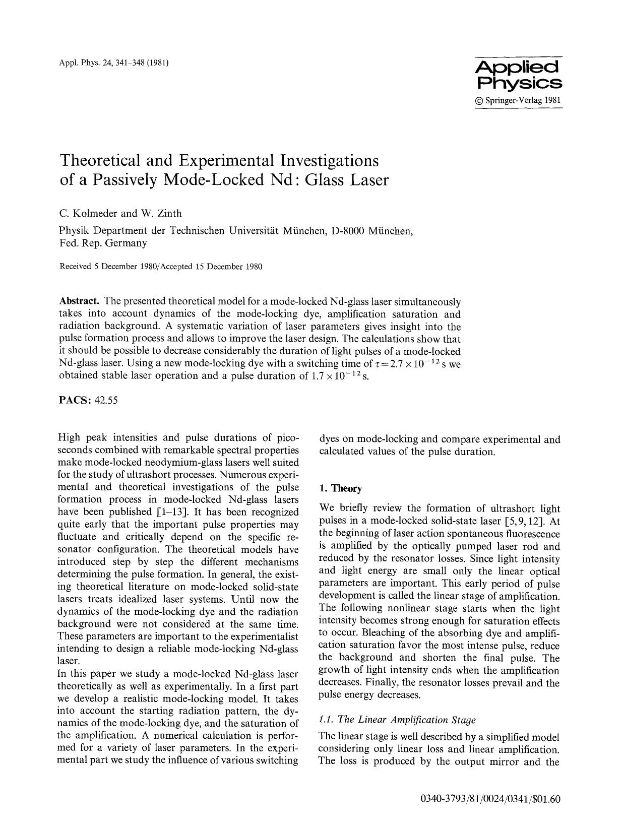 Theoretical and experimental investigations of a passively mode-locked Nd: Glass laser by Unknown