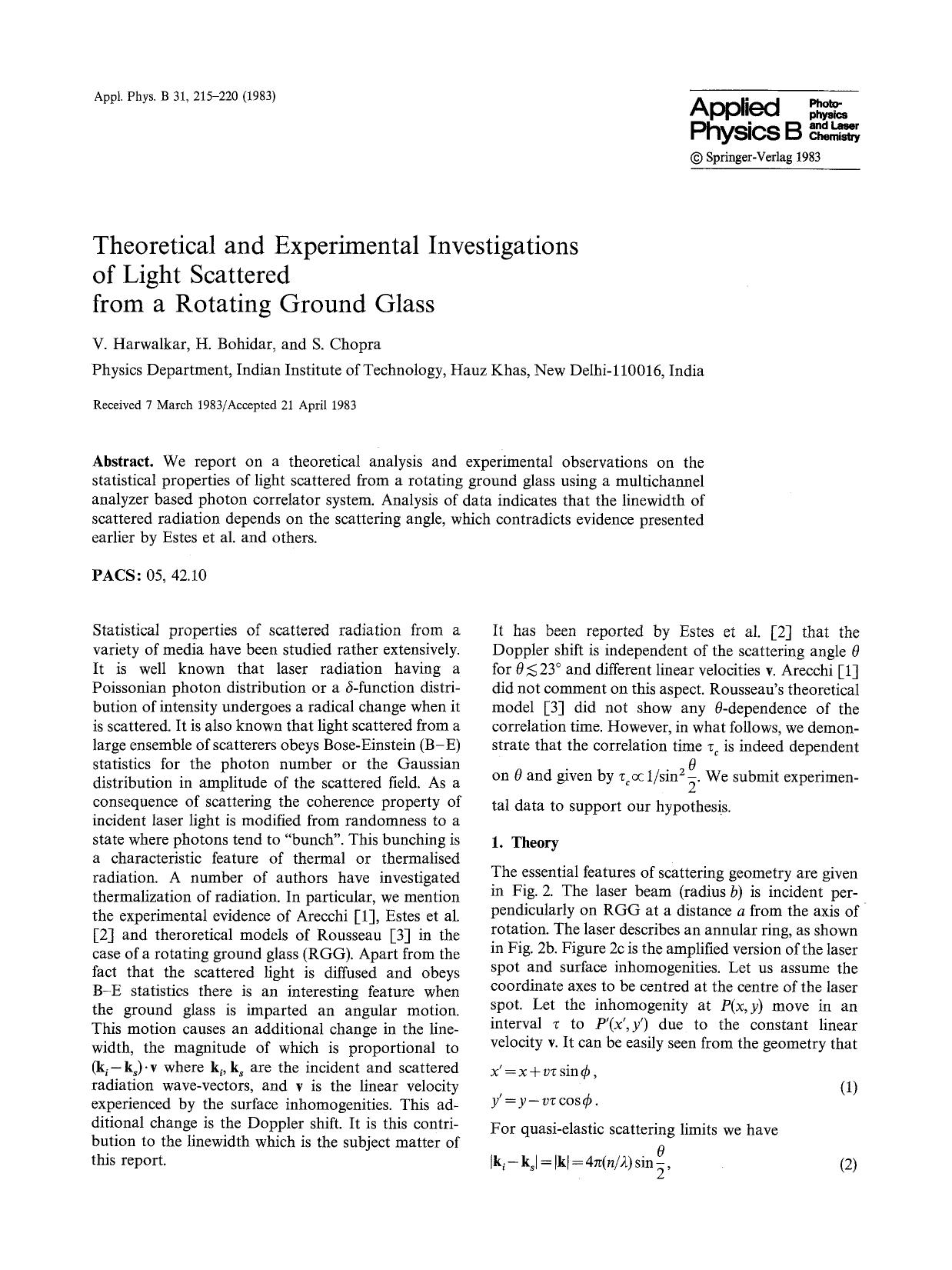 Theoretical and experimental investigations of light scattered from a rotating ground glass by Unknown