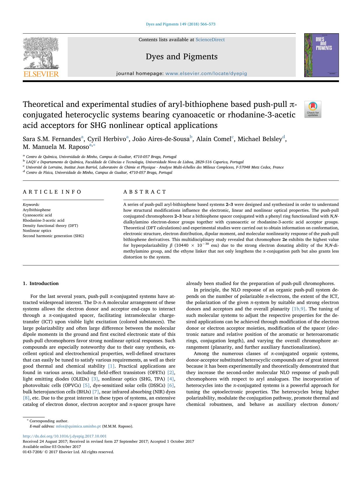 Theoretical and experimental studies of aryl-bithiophene based push-pull π-conjugated heterocyclic systems bearing cyanoacetic or rhodanine-3-acetic acid acceptors for SHG nonline by unknow