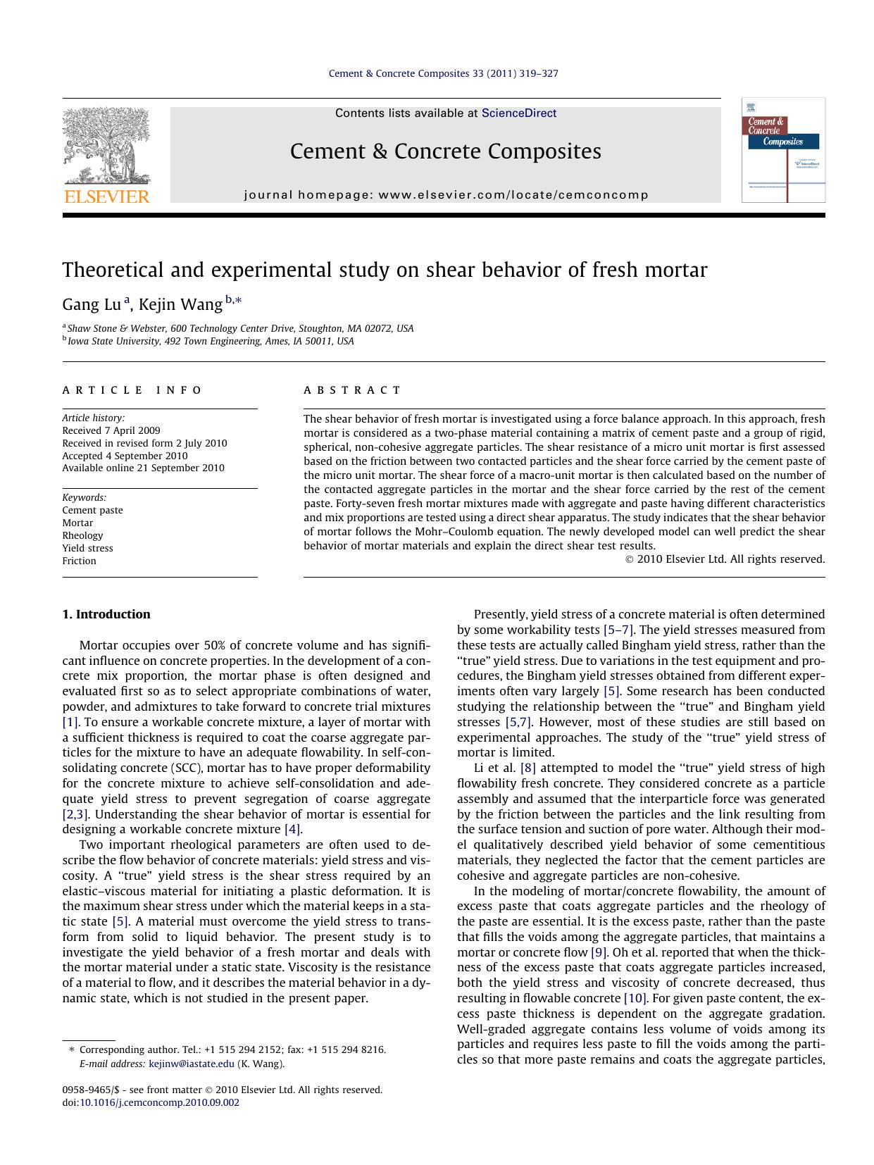 Theoretical and experimental study on shear behavior of fresh mortar by Gang Lu & Kejin Wang