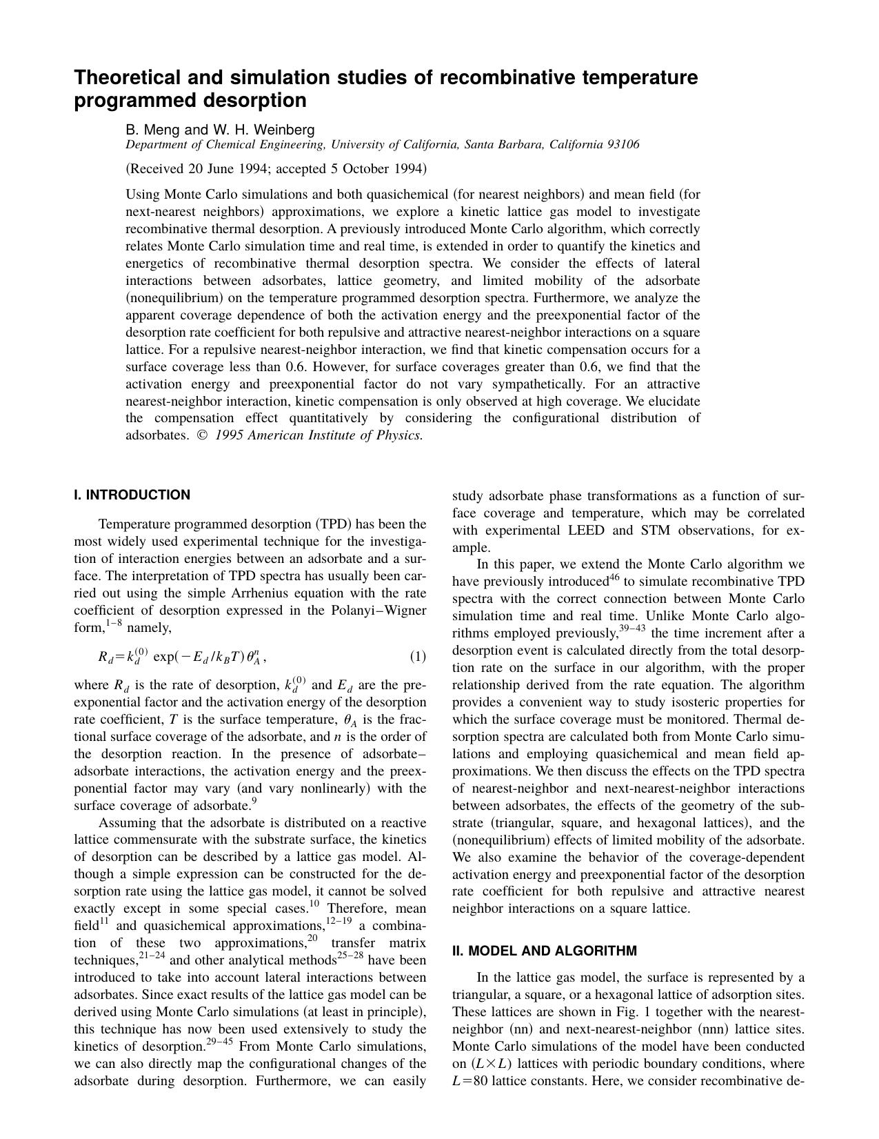 Theoretical and simulation studies of recombinative by B. Meng and W. H. Weinberg