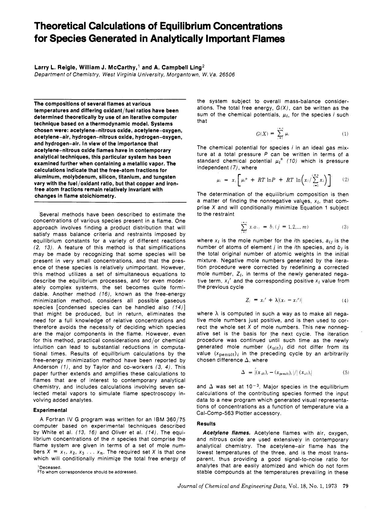 Theoretical calculations of equilibrium concentrations for species generated in analytically important flames by Larry L. Reigle William J. McCarthy A. Campbell Ling