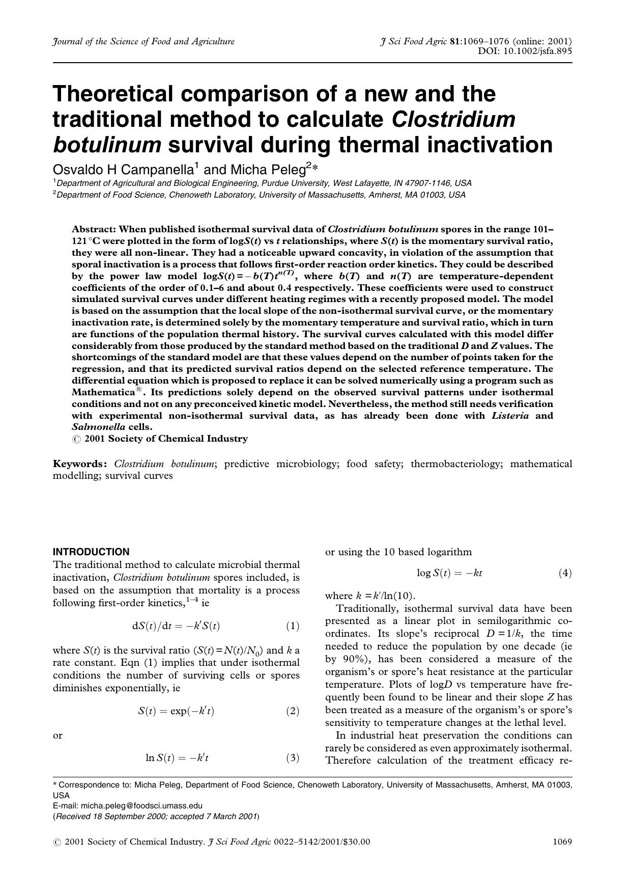 Theoretical comparison of a new and the traditional method to calculate Clostridium botulinum survival during thermal inactivation by Unknown