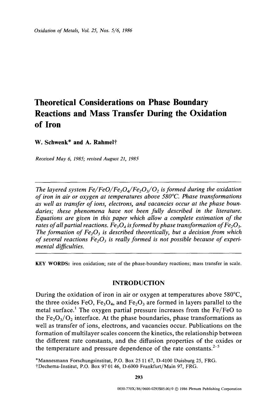 Theoretical considerations on phase boundary reactions and mass transfer during the oxidation of iron by Unknown