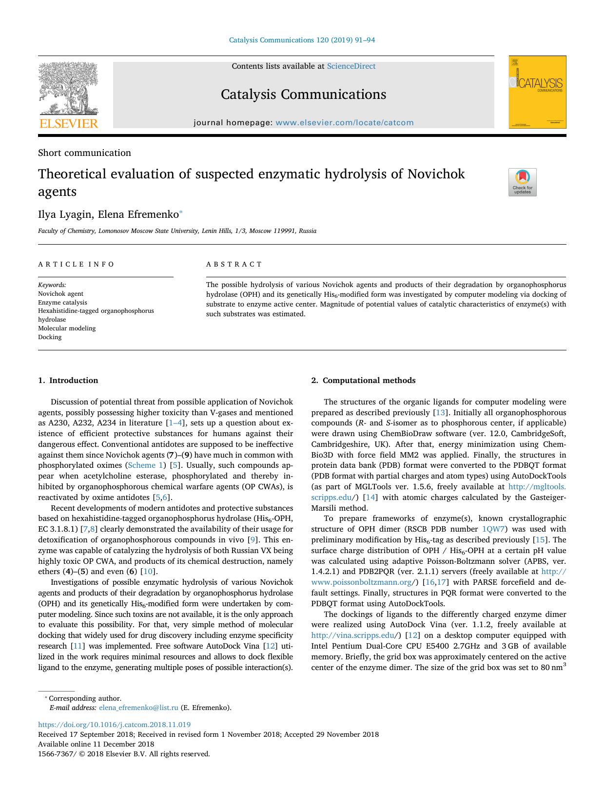 Theoretical evaluation of suspected enzymatic hydrolysis of Novichok agents by Ilya Lyagin & Elena Efremenko