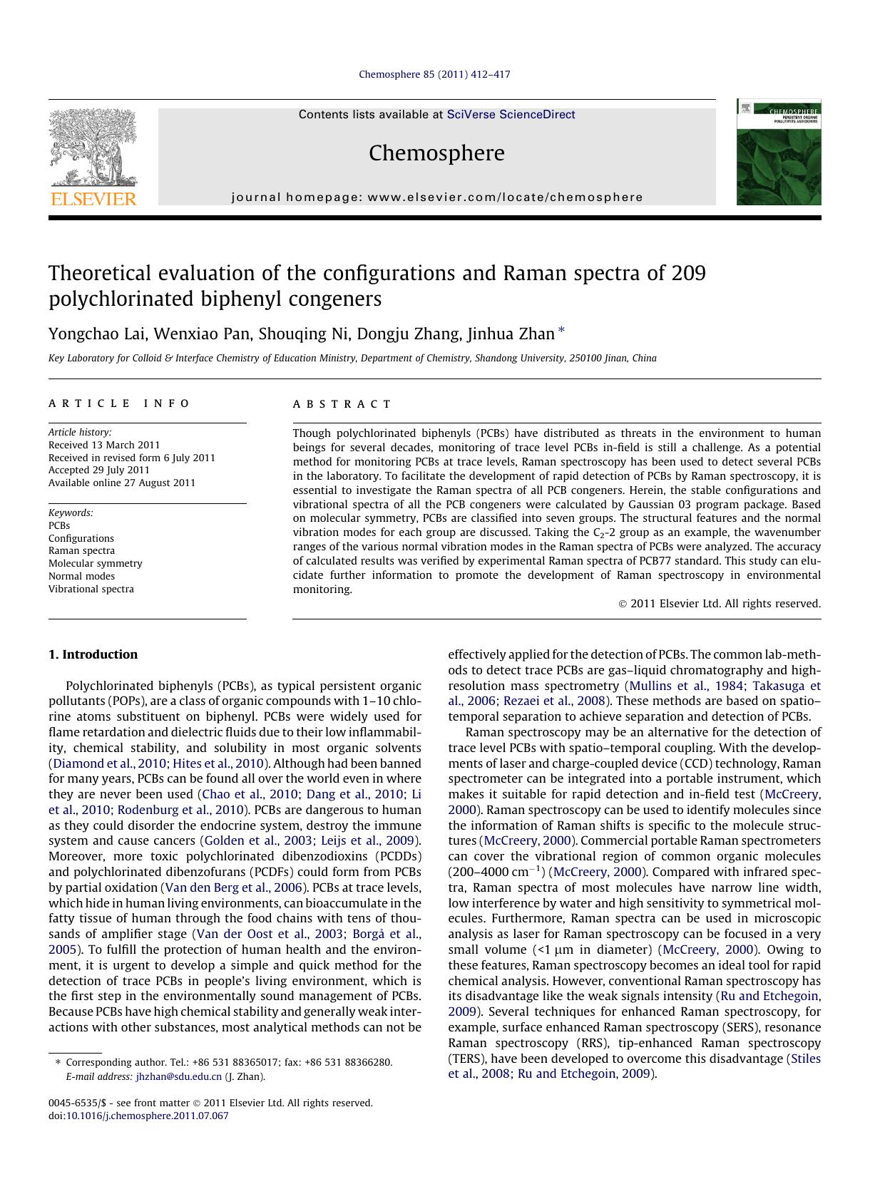 Theoretical evaluation of the configurations and Raman spectra of 209 polychlorinated biphenyl congeners by Yongchao Lai & Wenxiao Pan & Shouqing Ni & Dongju Zhang & Jinhua Zhan